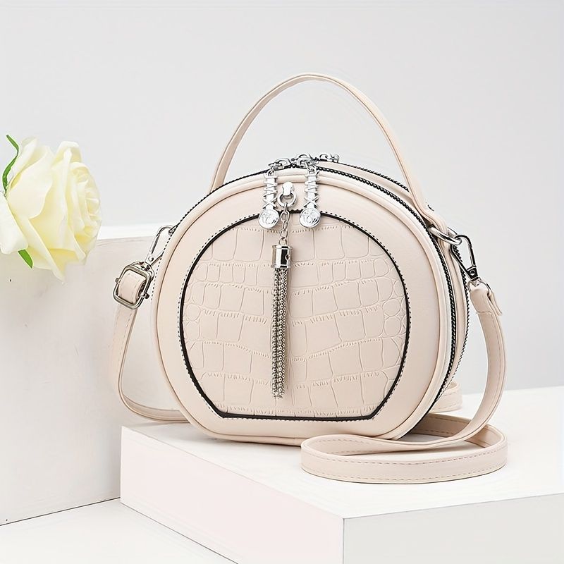 Ladies Handbag Round Handbag Croc-Embossed Handbag Tassel Handbag High-Quality - Khaki - Size L — image 5