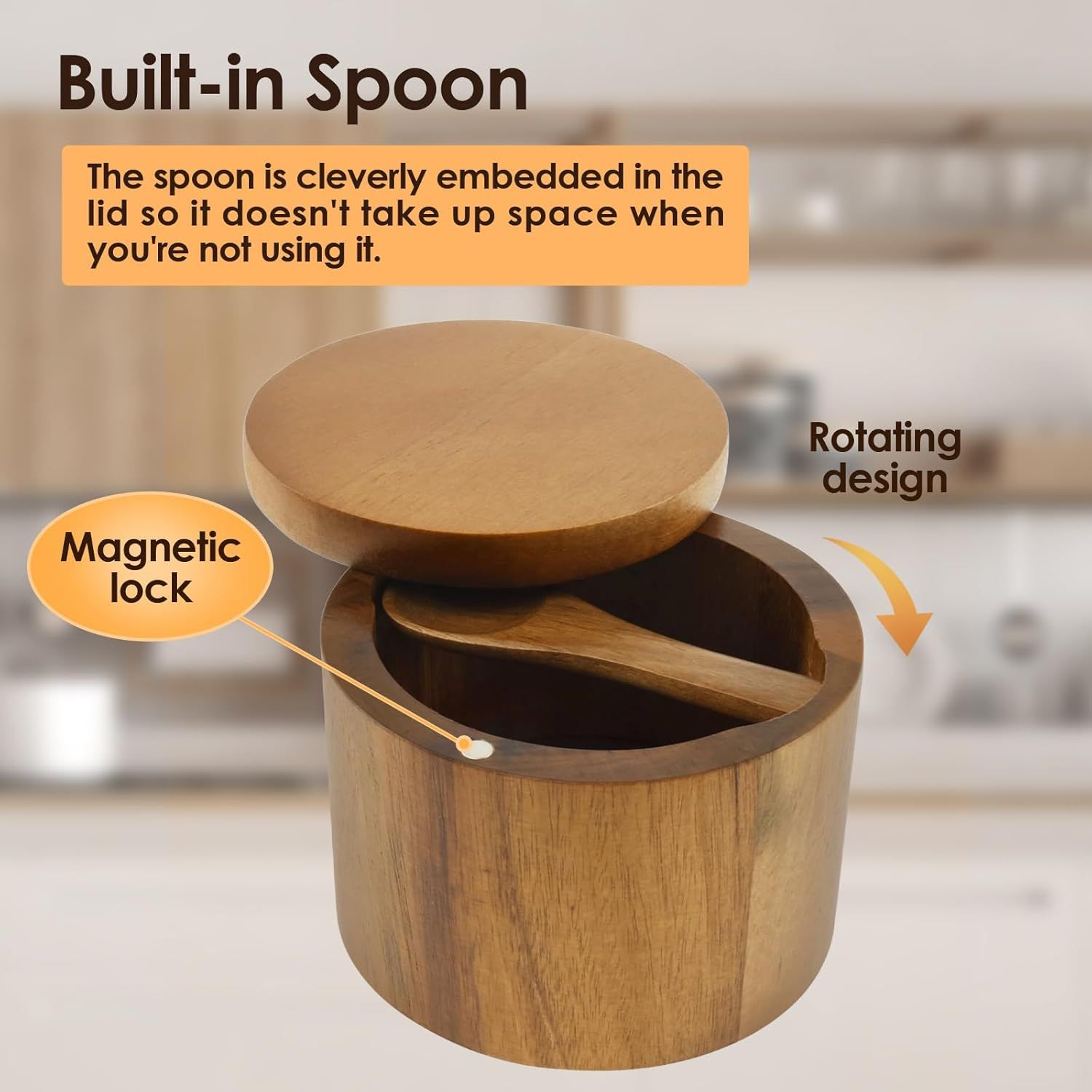 Acacia wood salt jar, solid wood seasoning box, wooden pepper box, kitchen seasoning bottle, salt box, storage seasoning jar(One layer single grid style) โ image 3