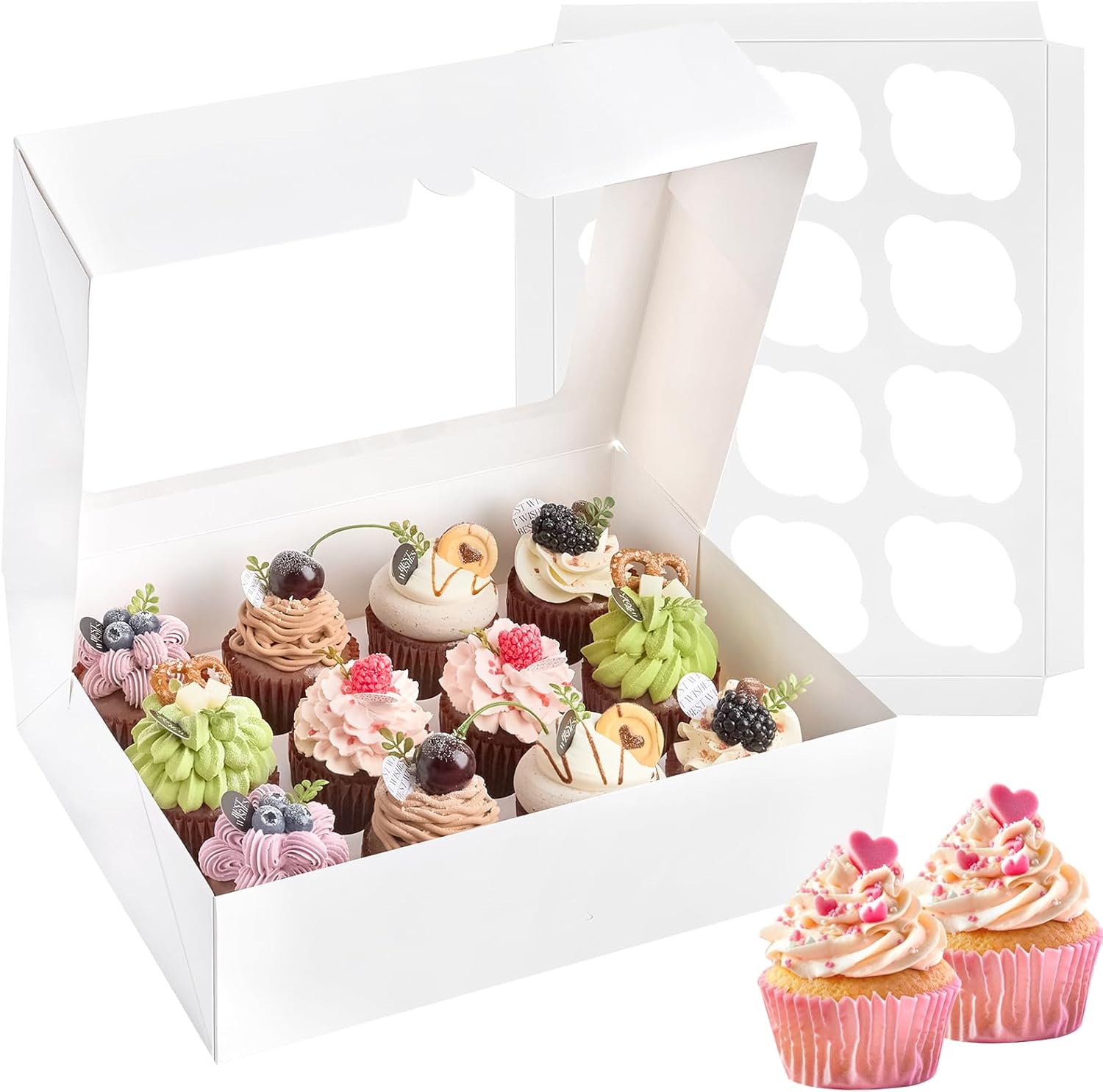 12 Count Cupcake Boxes, 12 Pack White Cupcake Containers with Windows and Inserts, Disposable Cupcake Carriers for Muffins, Treats, Pastries, 13 x 10 x 4