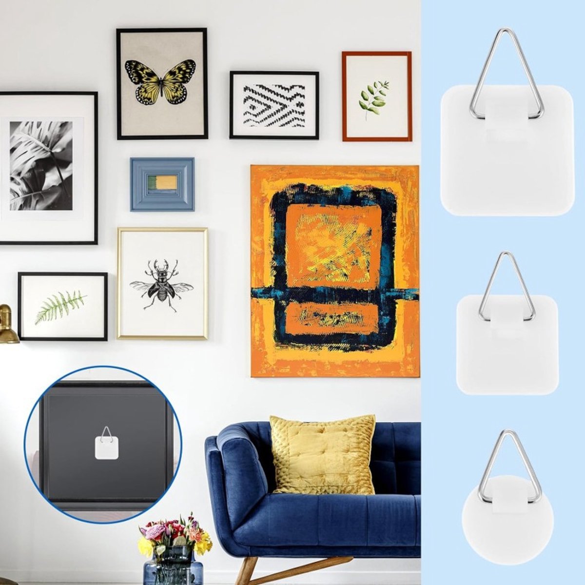Self-adhesive hooks - Set of 45 - 3 sizes - 5 kg Load capacity - Adhesive hooks - Wall Picture hangers - Picture hanging hooks - For displaying โ image 4