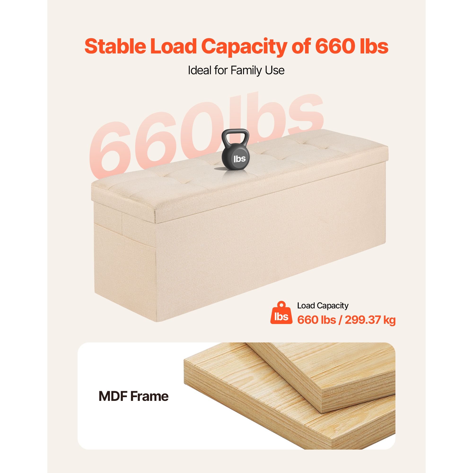 Foldable Storage Ottoman Bench, End of Bed Bench with Side Bags, Folding Upholstered Storage Chest Supports 660 lbs, Linen Bed Ottoman with Large Space for — image 6