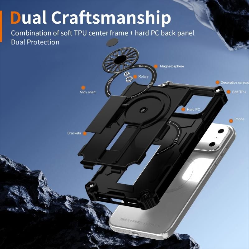 Armor Heavy Duty Magnetic Rotating Ring Kickstand Phone Case For iPhone 15 Pro Max, Anti-Drop Protective Cover In Black โ image 2