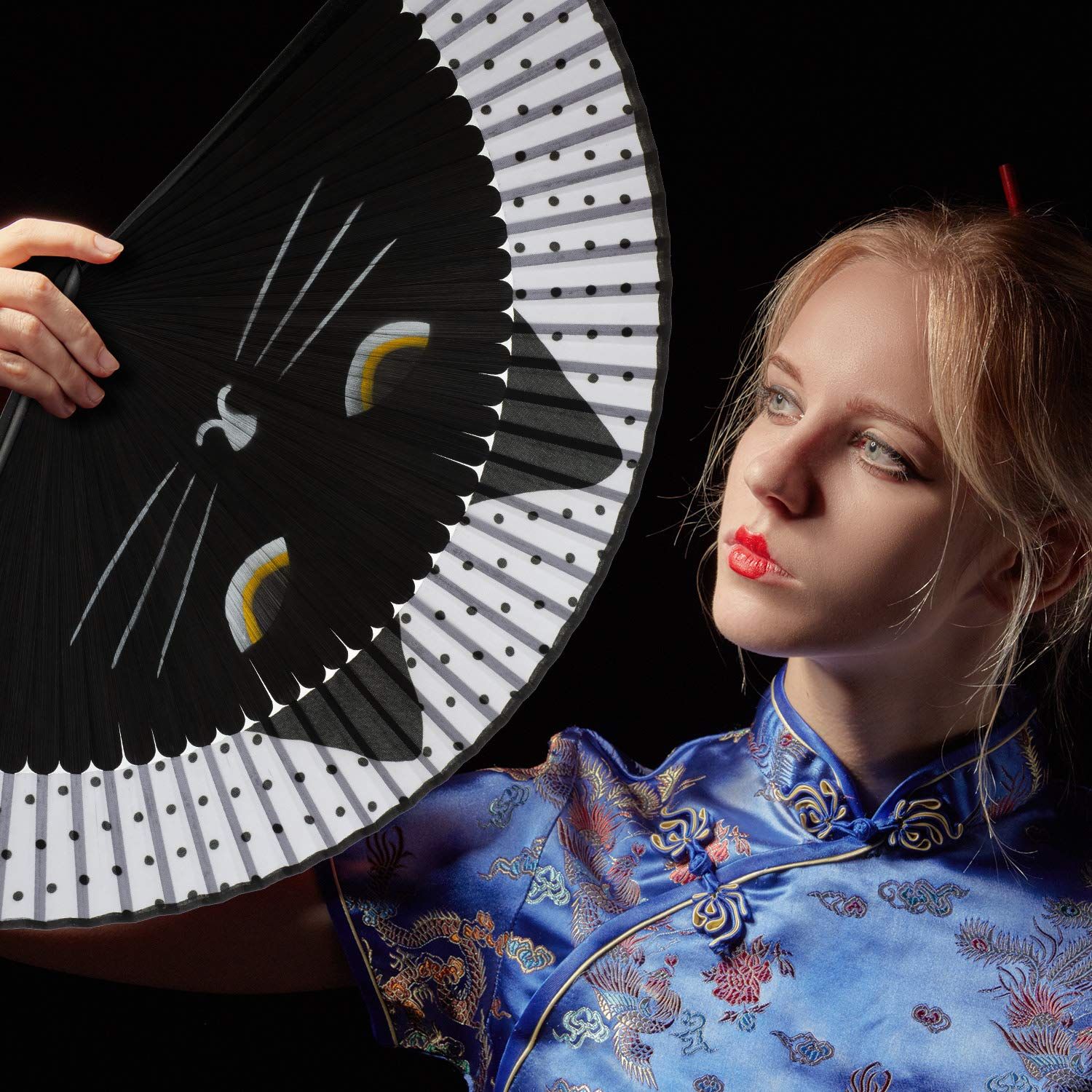 Cartoon Cat Hand Fans Folding Fan Hand Held Silk Fan Handheld Fan Black Cat Fan Women Foldable Fan with Store Bag — image 5