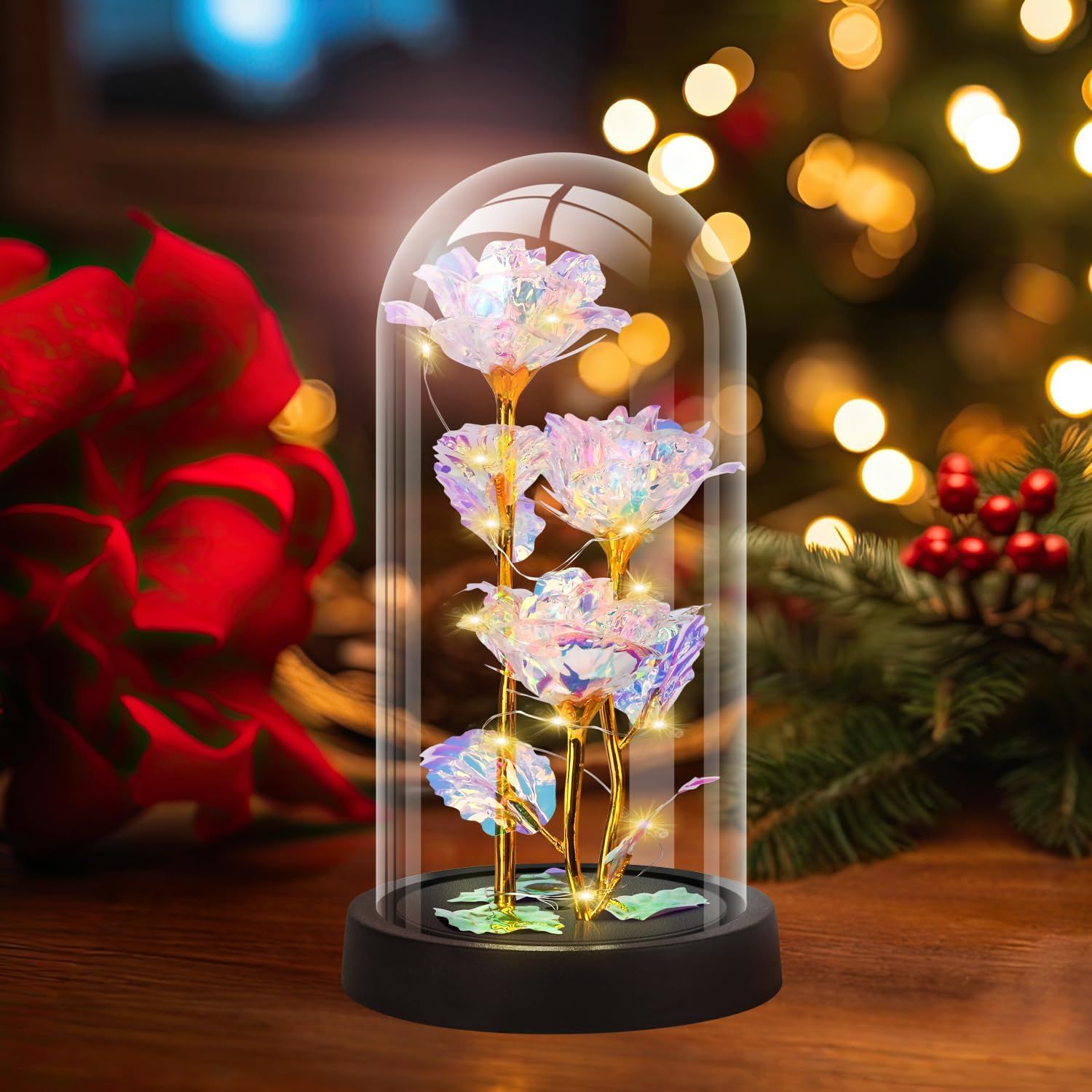 Eternal Blue Rose in Glass Dome with LED Lights, Romantic Forever Flower Gift for Valentine’s Day Anniversary Mother’s Day Birthday (Purple) — image 2