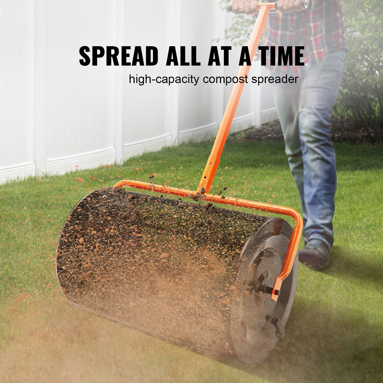 Compost Spreader, 24.4-25.6" Height Adjustable Handle, 24" Wide, Lawn and Garden Peat Moss Roller with Side Latches, Powder Coated Steel Mesh Basket for — image 2