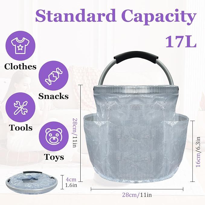 17L Portable Shower Caddy with Handle, Foldable Cleaning Supply Caddy in PVC Resin, Picnic Basket with 6 Side Pockets, Multifunctional Storage Basket for โ image 2