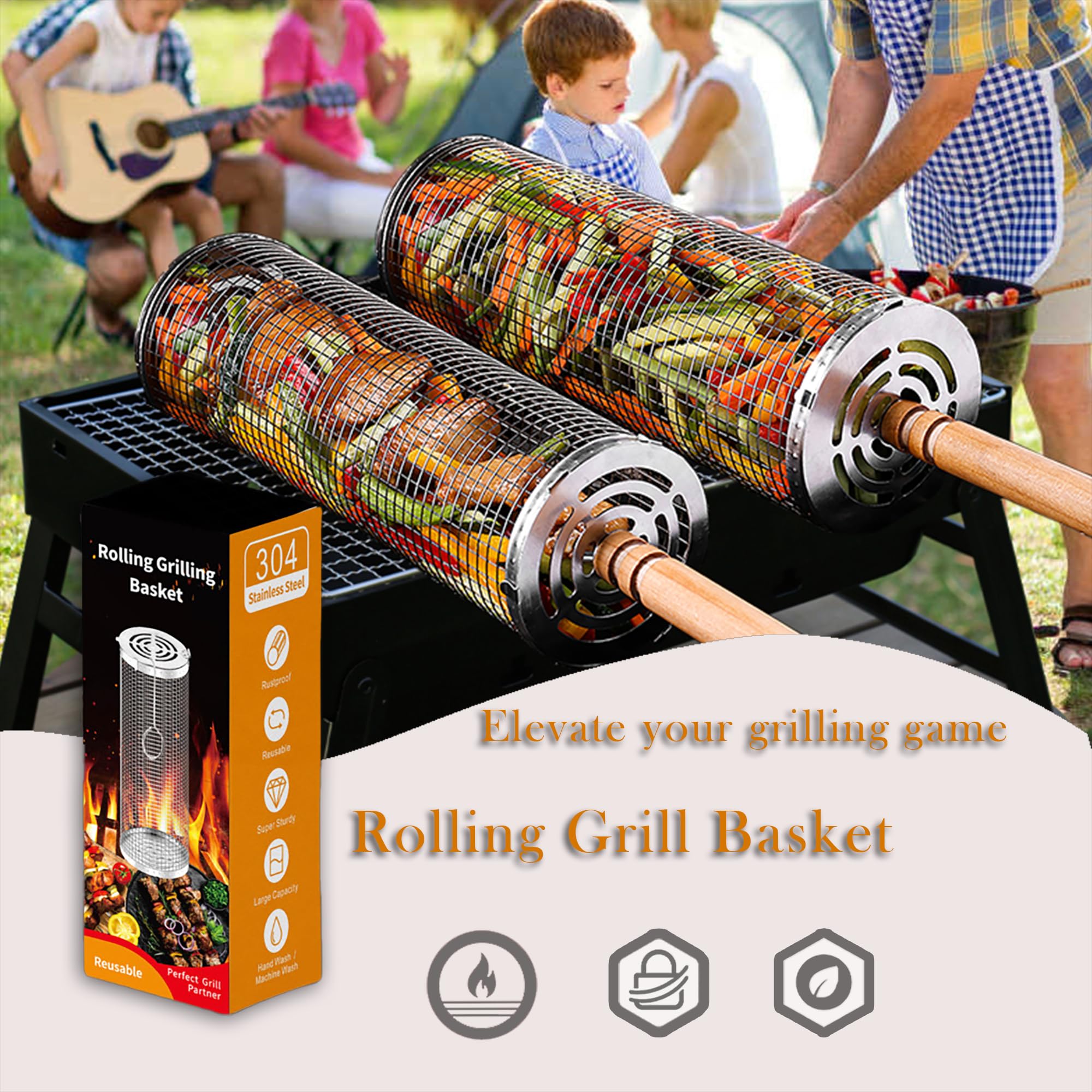 Rolling Grill Basket Set with Removable Wooden Handle – 304 Stainless Steel BBQ Rotating Cage for Meat, Vegetables & Seafood (Grey) — image 4