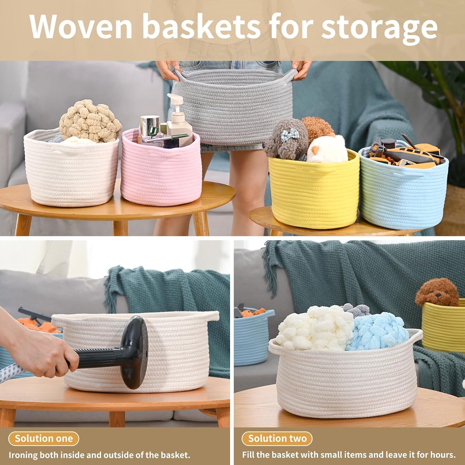 1 Piece Cotton Rope Basket with Handles White, 30 x 20 x 12 cm โ image 5