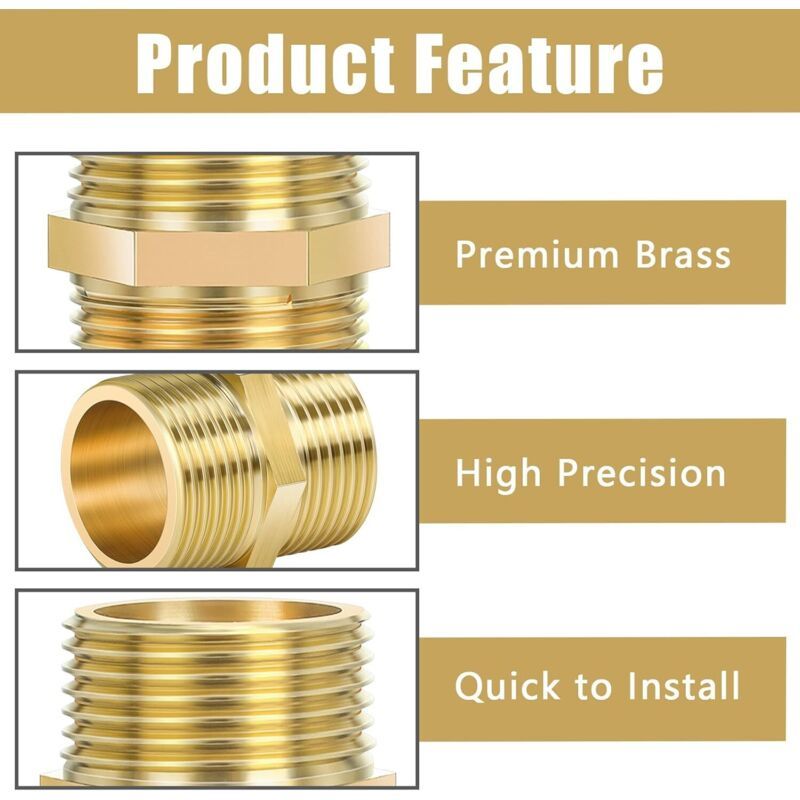 3 Pcs Double Nipple Thread Outdoor in Brass Rust, Robust and Anti-Double Hexagonal Nipple Fittings in Brass Suitable for Drinking Water, 0.75 Inch — image 4