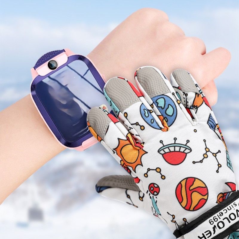 Waterproof Winter Snow Gloves for Kids with Touchscreen, Cartoon Print Design, Warm Fleece Lining, Adjustable Wrist Strap, Snowman Building, a — image 4