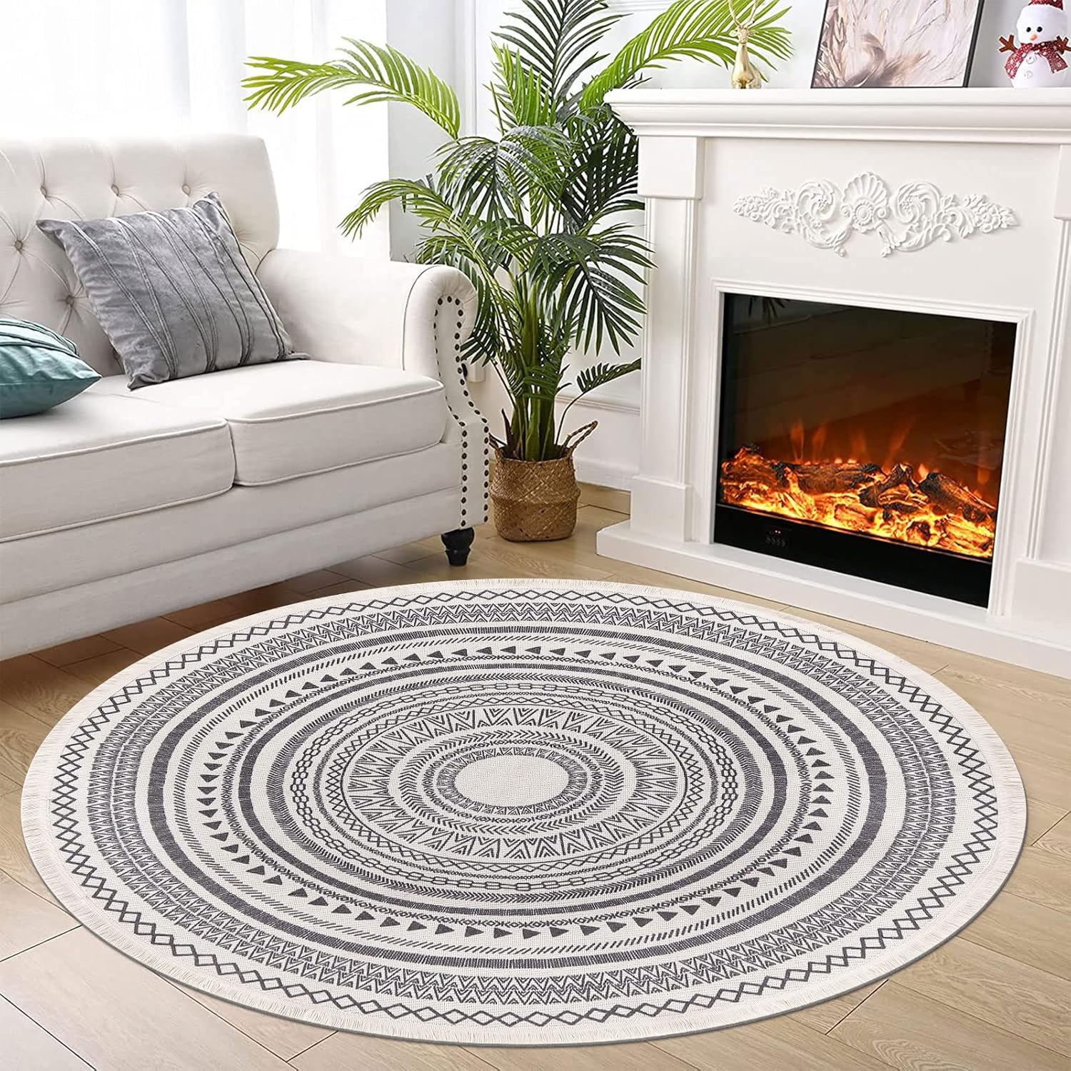 Grey Round Woven Cotton Rug with Fringes 120cm Washable Absorbent Rug Moroccan Style Print 120*120CM—yux 120*120CM — image 4