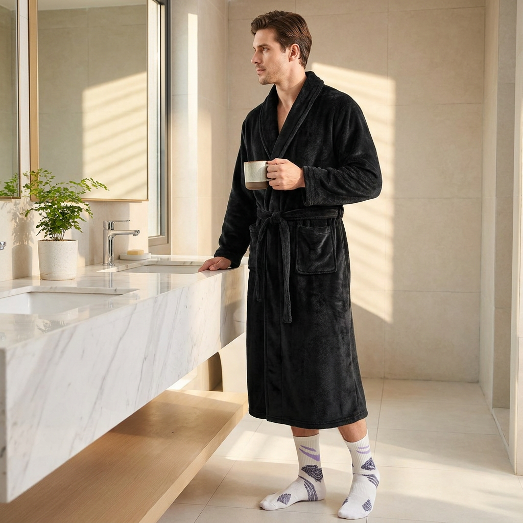 Blue Men's Winter Lounge Bundle Set - Flannel Shawl Collar Robe(L Size) with 2x Thick Mid Calf Purple Demon Pattern Socks, Warm Plush Homewear Set, Soft Cozy โ image 2