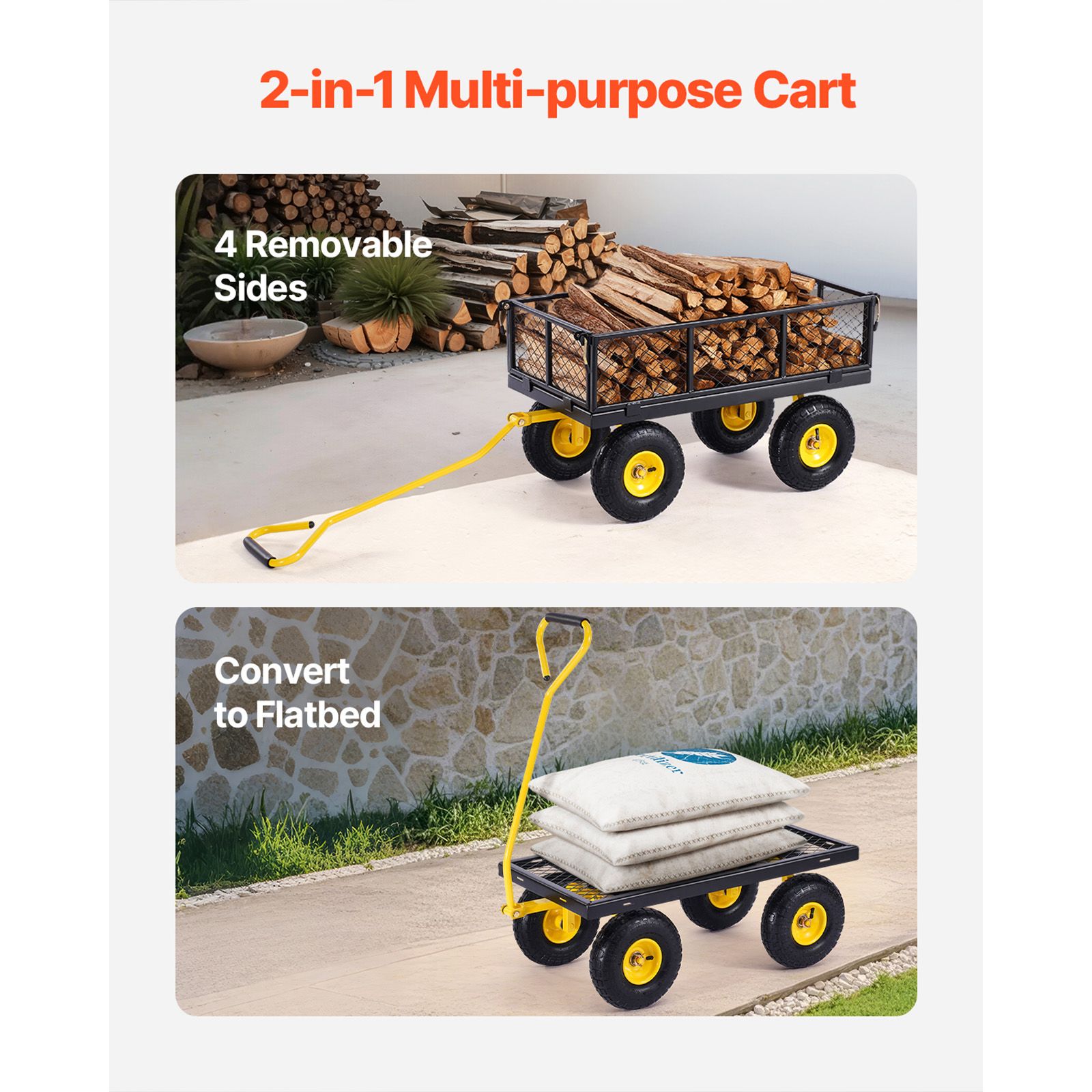 500 Lbs Steel Garden Cart, Heavy Duty Garden Wagon Cart Pullable on Wheels, Metal Yard Utility Wagon Carts with 10" All Terrain Tires, Mesh Removable Sides and — image 3