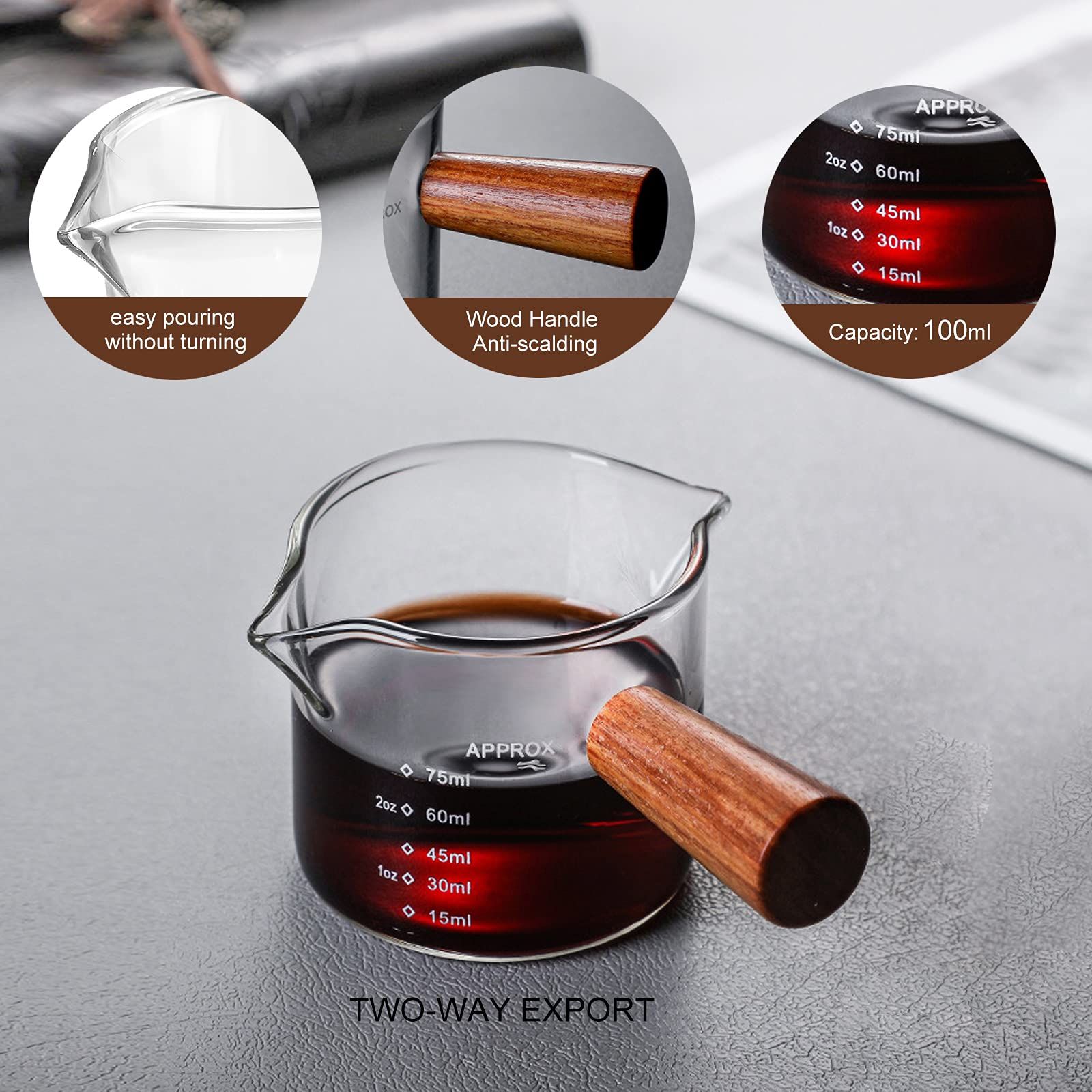 2 Pack Double Spouts Measuring Cup with Wooden Handle, Milk Cup 75ML, Espresso Shot Glasses Triple Pitcher Barista Double Spouts — image 2