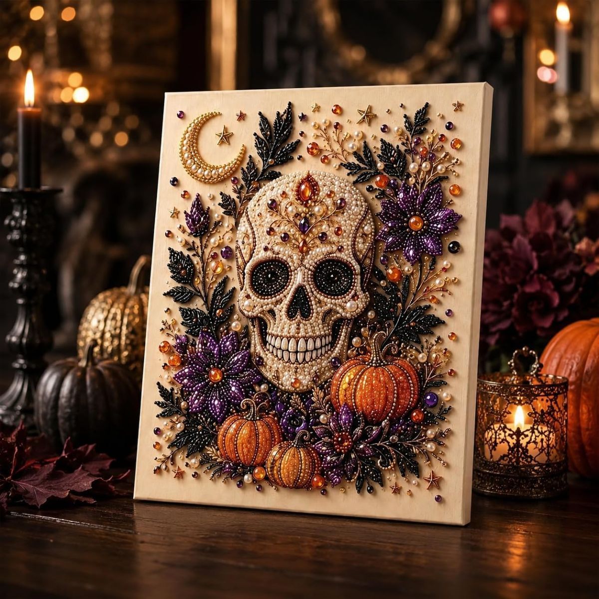 Halloween Pearl Diamond Painting Art Kit with Frame, Spooky Cute 3D DIY Pearl Beads Art Craft for Adults, DIY Fall Home Decor Wall Art, Beginner DIY Seasonal โ image 2