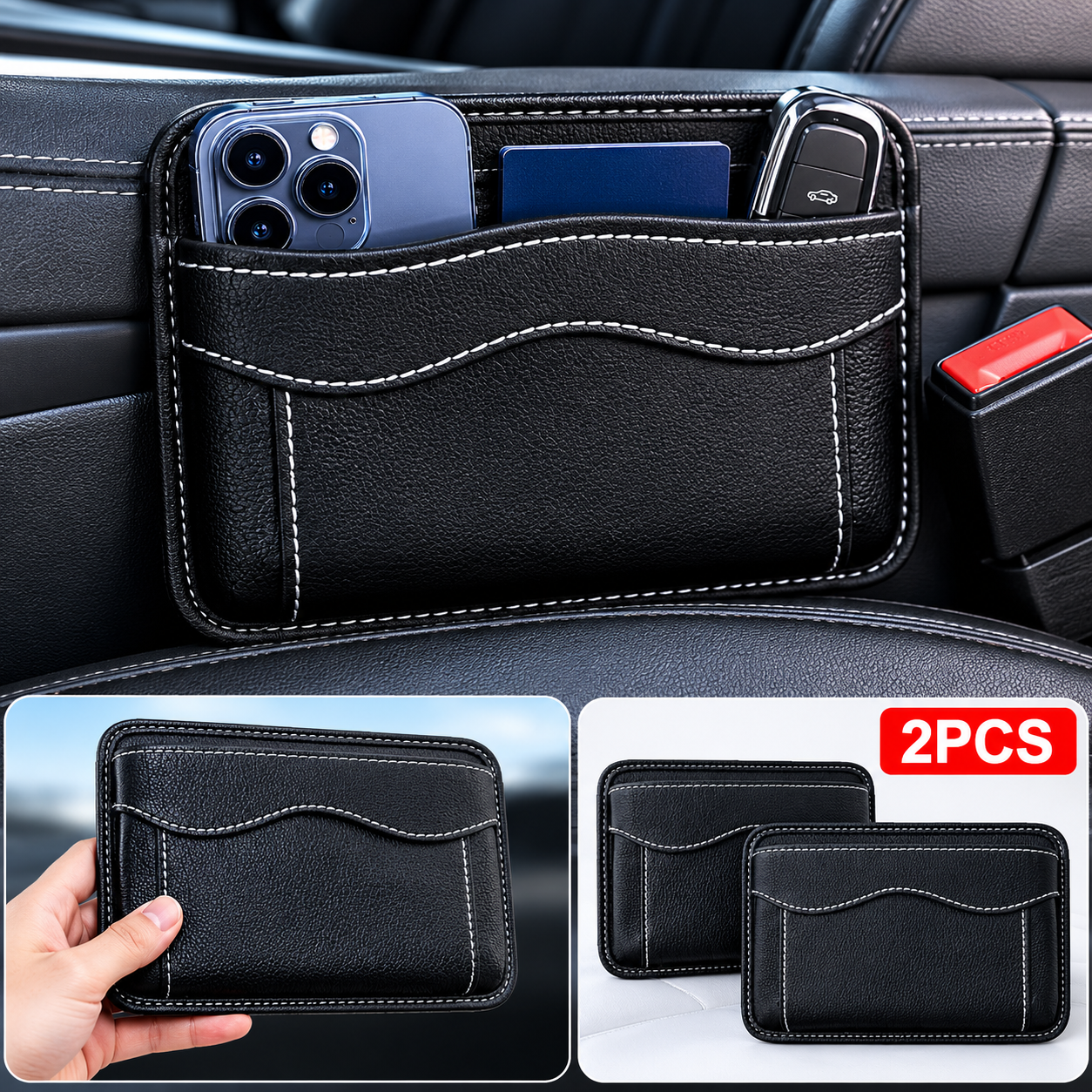 2Pcs Car Seat Side Pocket Organizer, PU Leather Mini Vehicle Phone Holder Storage Bag, Automotive Interior Tray Pouch Seat Gap Filler Accessories, Universal — image 2
