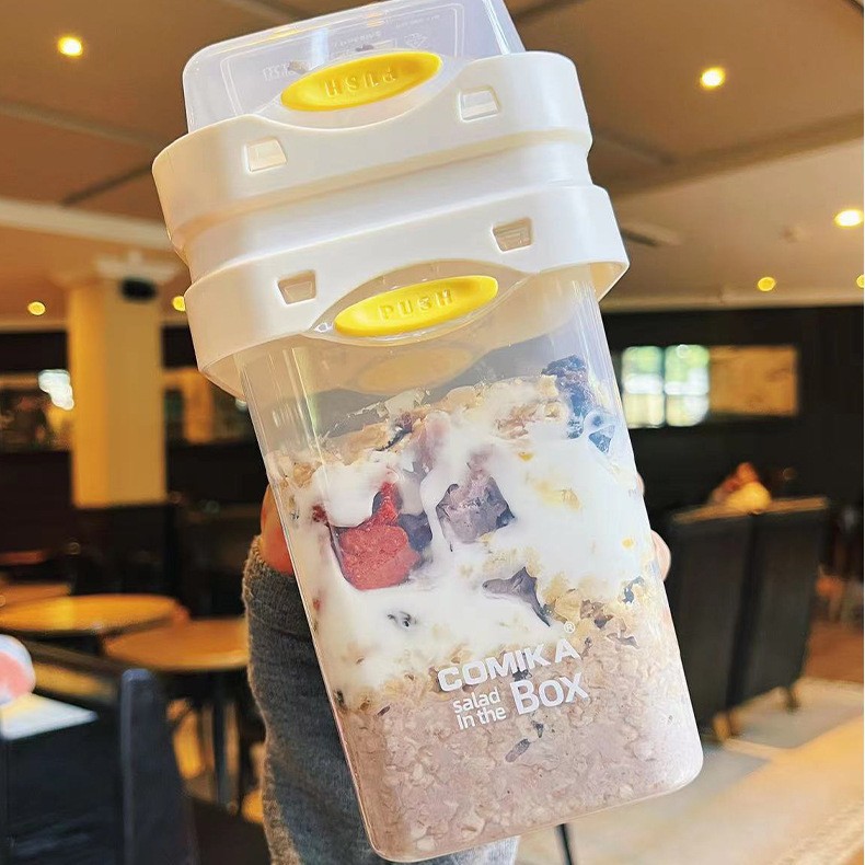 White Portable salad cup with ingredient compartment and fork and spoon - enjoy breakfast on the go โ image 3
