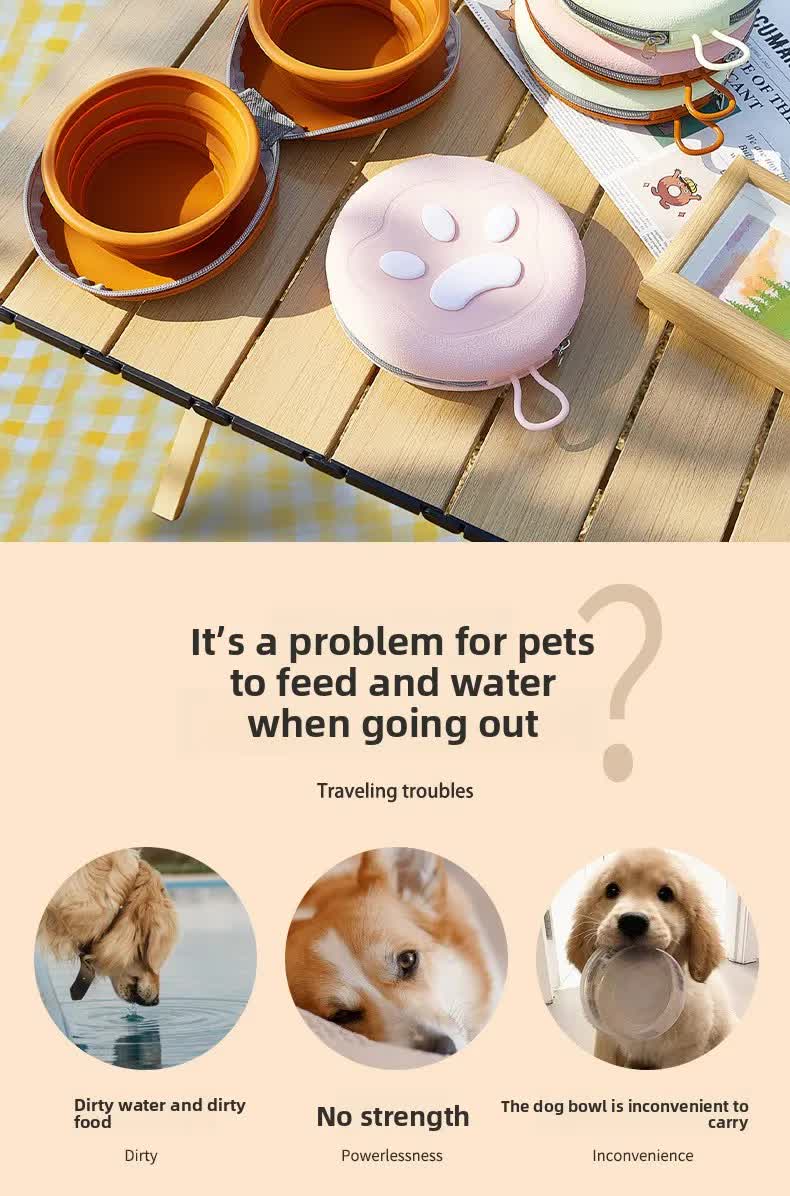 Portable Silicone Double Pet Bowl - Collapsible Travel Dog Feeder for Food & Water - 2 x 450ml Capacity with Zipper Case - Light Yellow โ image 5