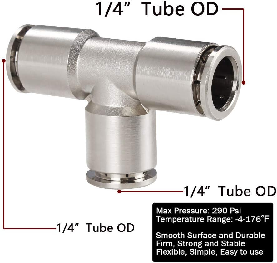 Push to Connect Tube Fitting Union Tee, Copper Nickle-Plated 1/4" Tube OD 3 Way Tee Shaped Union Adapter Fitting (Pack of 2) — image 3