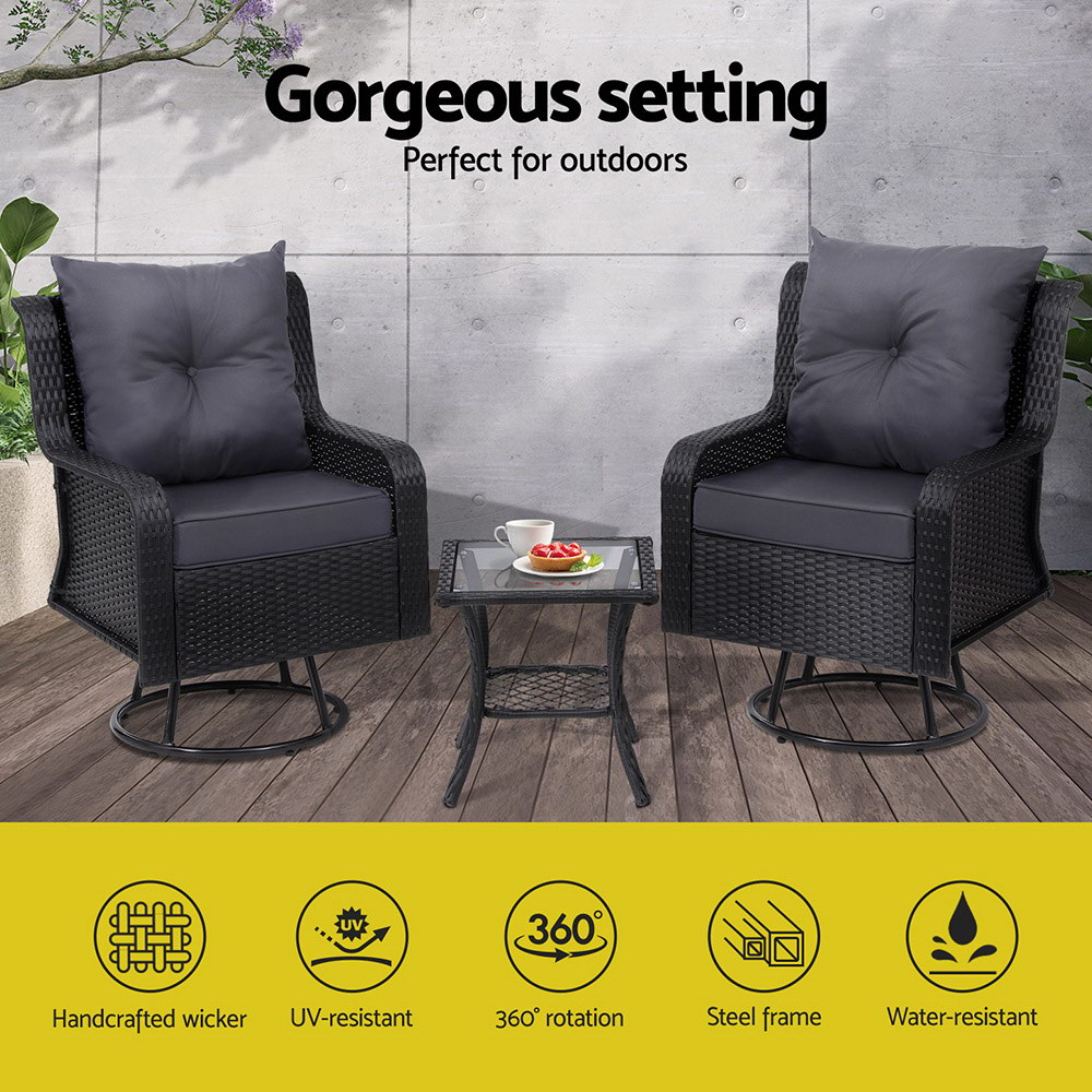 Gardeon 3PC Outdoor Furniture Bistro Set Lounge Wicker Swivel Chairs Table Cushion Black โ image 4