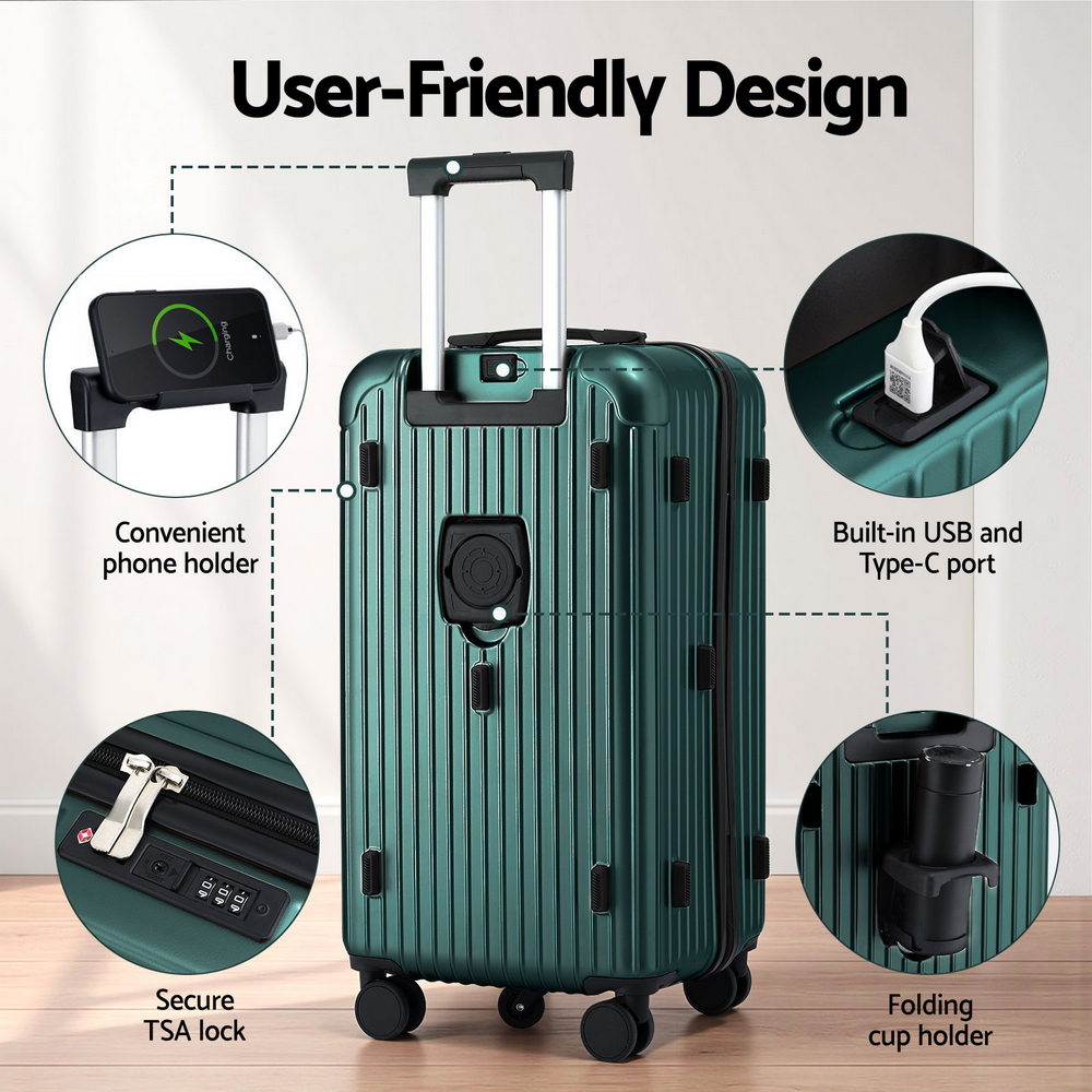 Wanderlite 28" Trunk Luggage Suitcase Travel 5 Wheels Type-C Port TSA Green — image 5