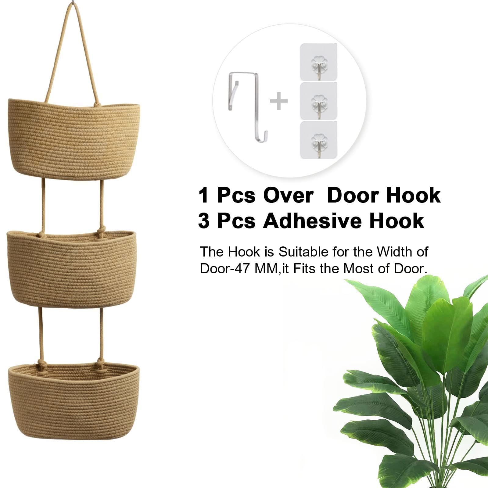 Over the Door Hanging Basket, 3-Tier Woven Cotton Wall-Mounted Storage Organizer Bag Decorative Hanging Kitchen Baskets - Jute — image 5