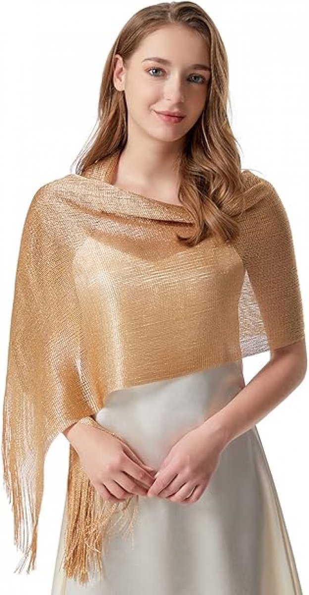 1 Shiny gold ladies' scarf - Ladies' scarf with tassels - Bridal Scarf - Tassel - For wedding ceremony, dinner and bridesmaids - Gold - 175 x 45 cm