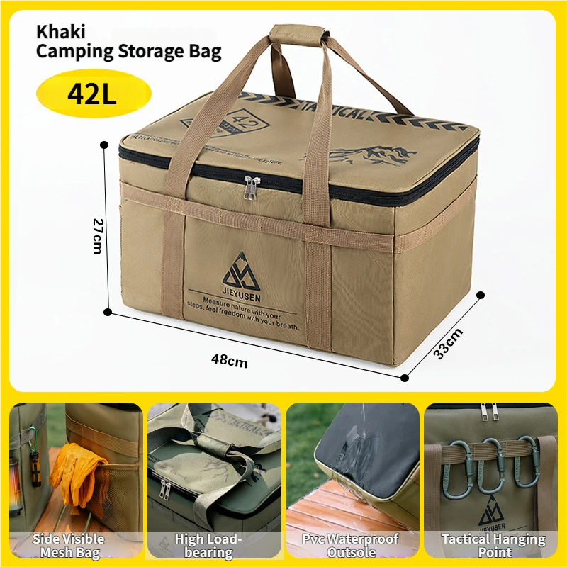 42L Collapsible Outdoor Tactical Organizer, Oxford Fabric Large Capacity Camping Gear Storage Bin with Waterproof PVC Base & Hanging Webbing for Picnic