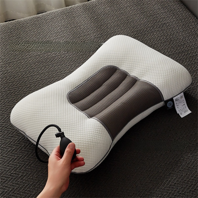 Grey Airbag Adjustable Cervical Neck Support Pillow - All Reason High Resilient Ergonomic Bed Traction Pillow with 4D Textured Massage Nodes and Removable
