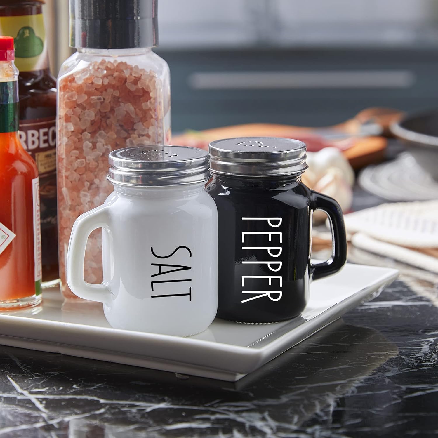 Salt and Pepper Shakers Set, 4 oz Cute Salt Pepper Shaker, Kitchen Decor for Home Restaurants Wedding, Glass Black White Shaker Sets with Stainless Steel Lids — image 2