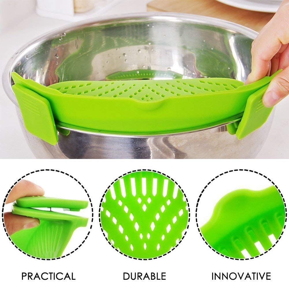 Heat Resistant Silicone Pot Strainer, Clip on Pots Pans, Pan Strainer for all Pots and Bowls - Green โ image 4