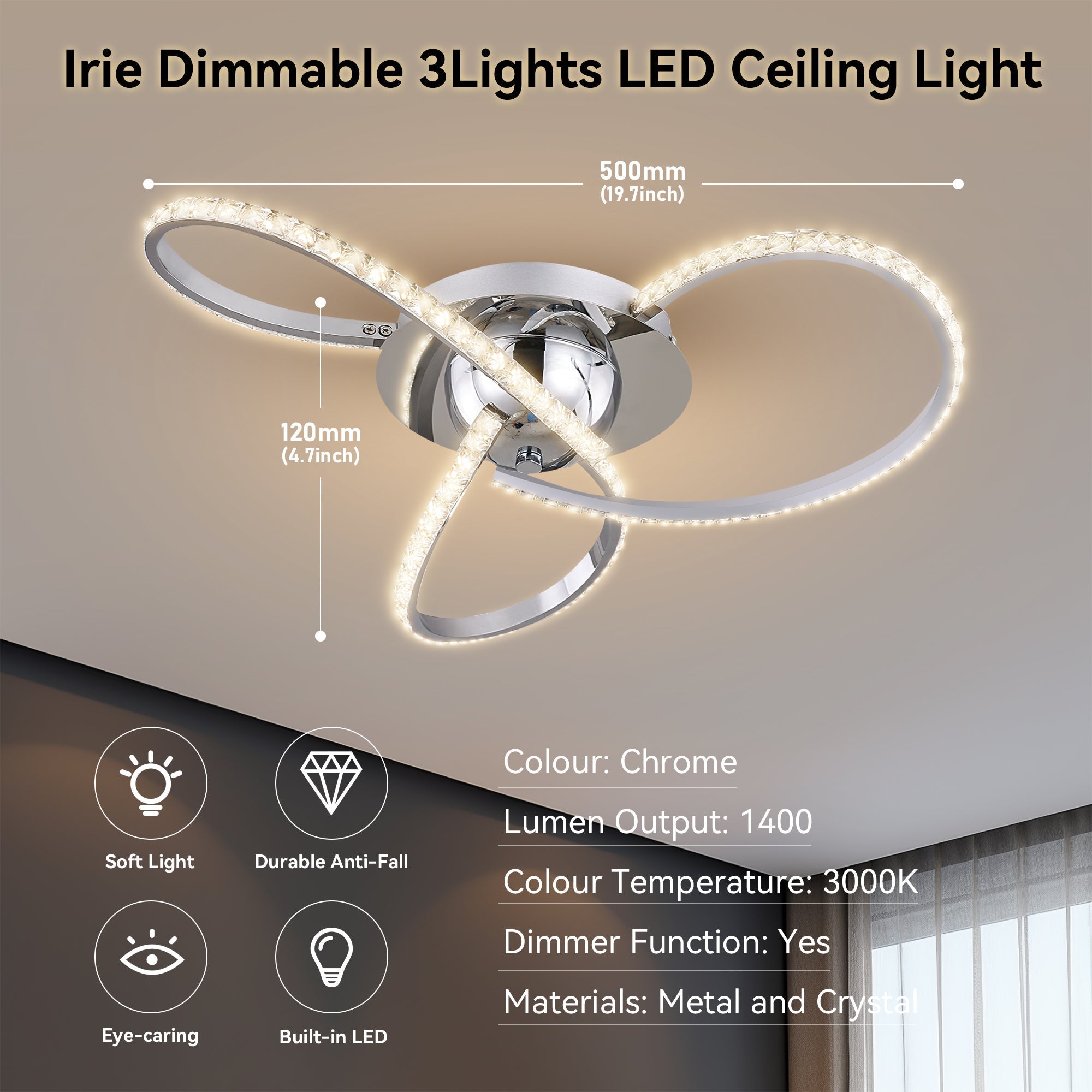 Irie Dimmable 3 Lights LED Ceiling Light - Chrome — image 6
