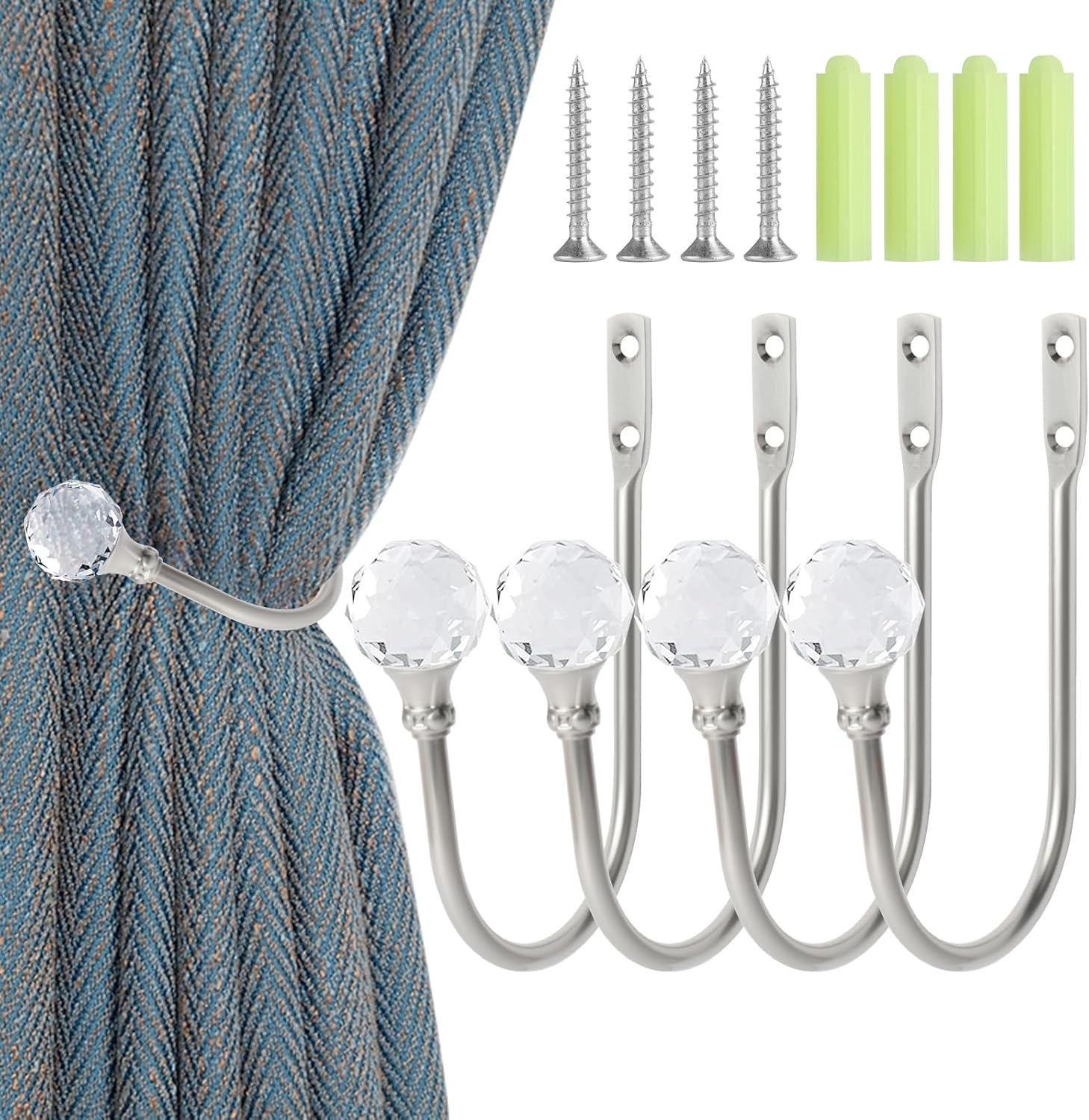 Curtain Holdbacks Silver Wall Mounted Curtain Holders Window Drapery Tiebacks with Clear Crystal Ball Quality Metal Curtain Tiebacks Curtain Hooks with Screws