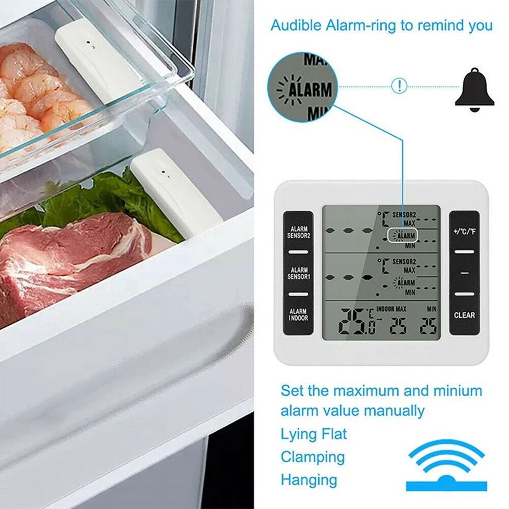1Set Wireless Freezer Thermometer 2 Remote Sensors Alarm Low Temperature Refrigerator Clock — image 4