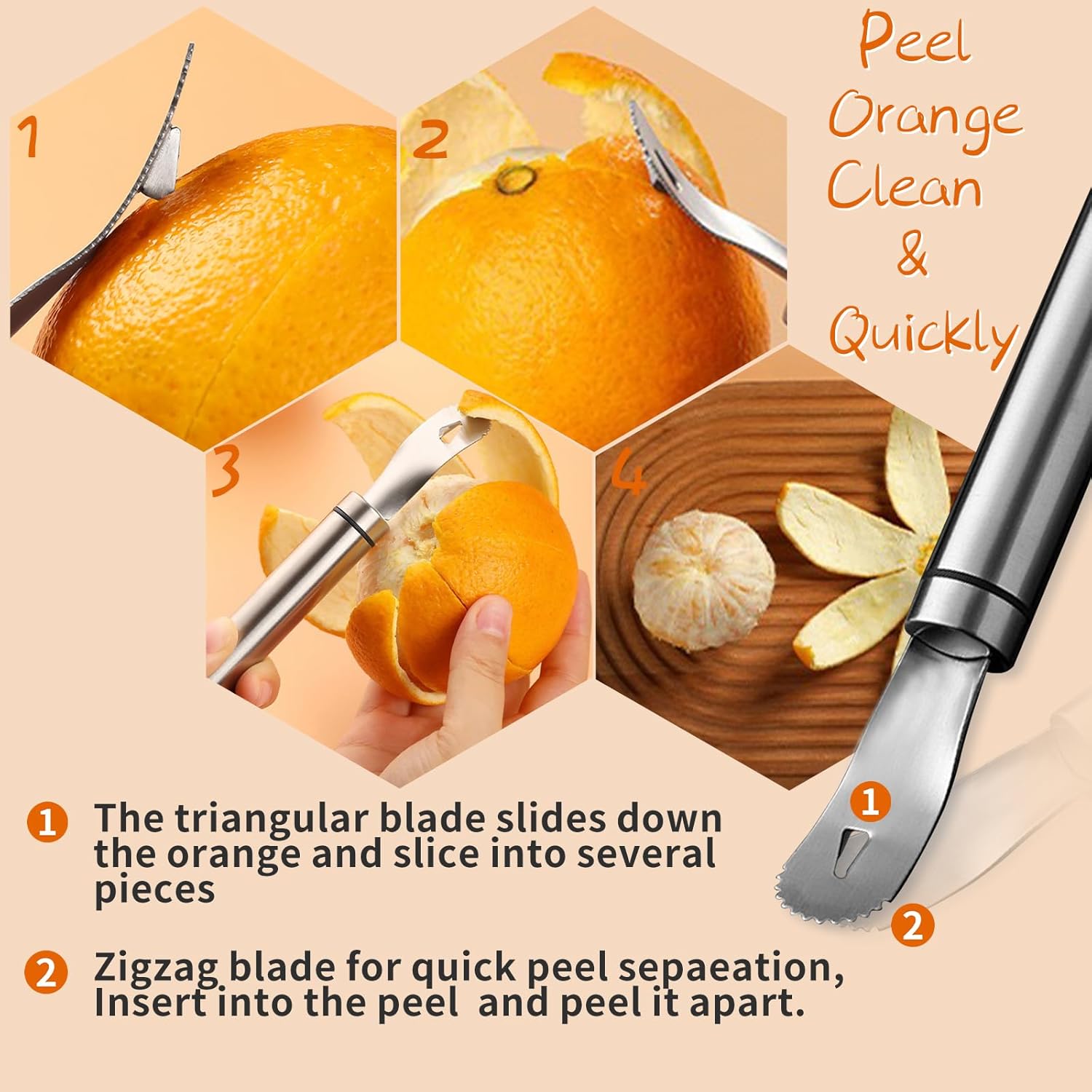 Stainless Steel Orange Peeler,with Handle Orange Citrus Peeler Tool Easy Orange Peeler Triangle Shovel and Serrated Shovel Orange Peeler Kitchen Gadgets,with — image 3