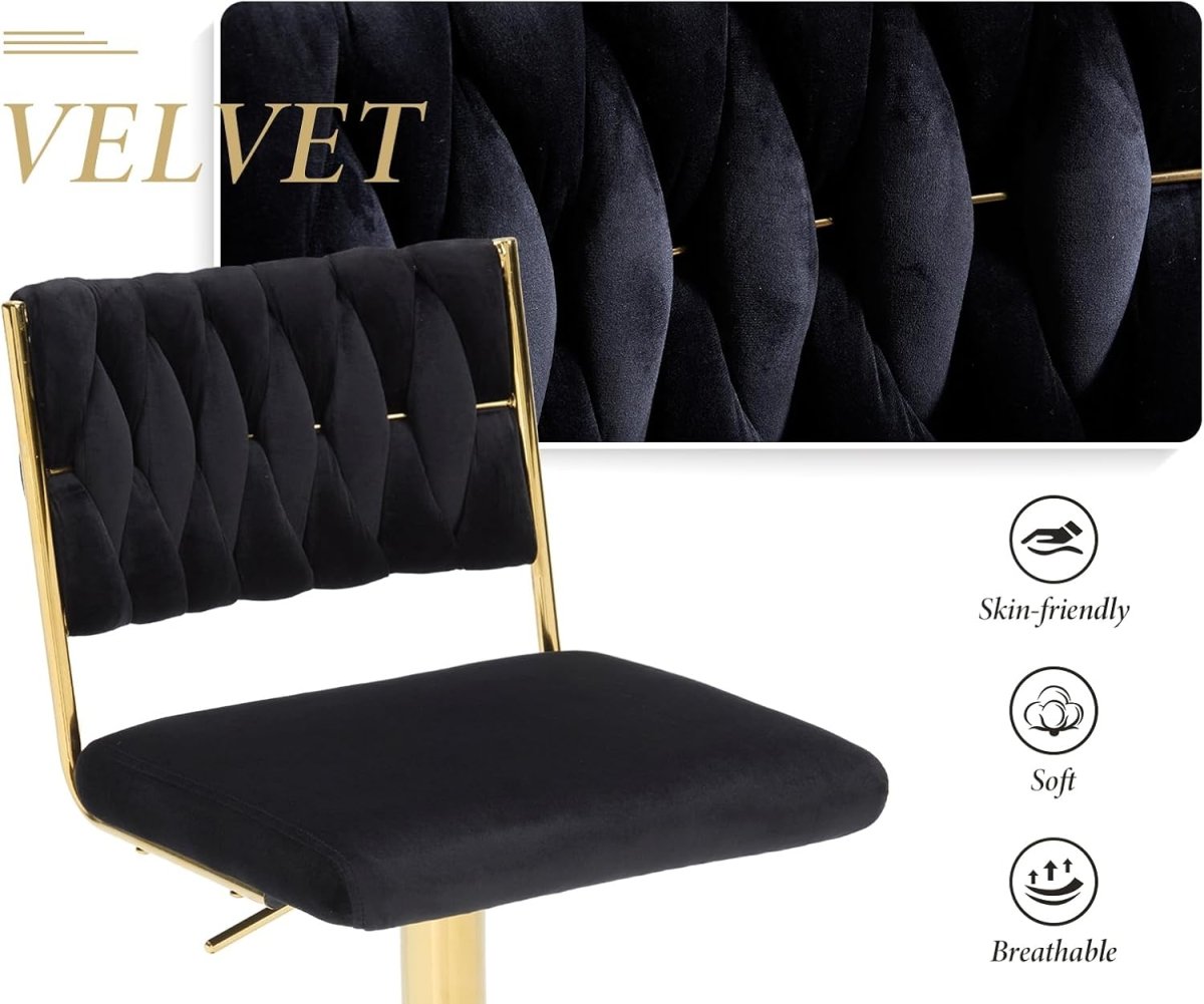 SERENITà 2x Velvet Bar Stools with Braided Back Elegant Kitchen High Chairs, Kitchen Island Stools Adjustable Height Swivel Bar Chairs with Gold Legs for — image 6
