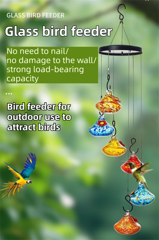 Outdoor Hand-Blown Glass Bird Feeder - Durable Weather-Proof Bird Waterer, Includes Funnel & Hanging Rope (Single - Orange Dot) — image 2