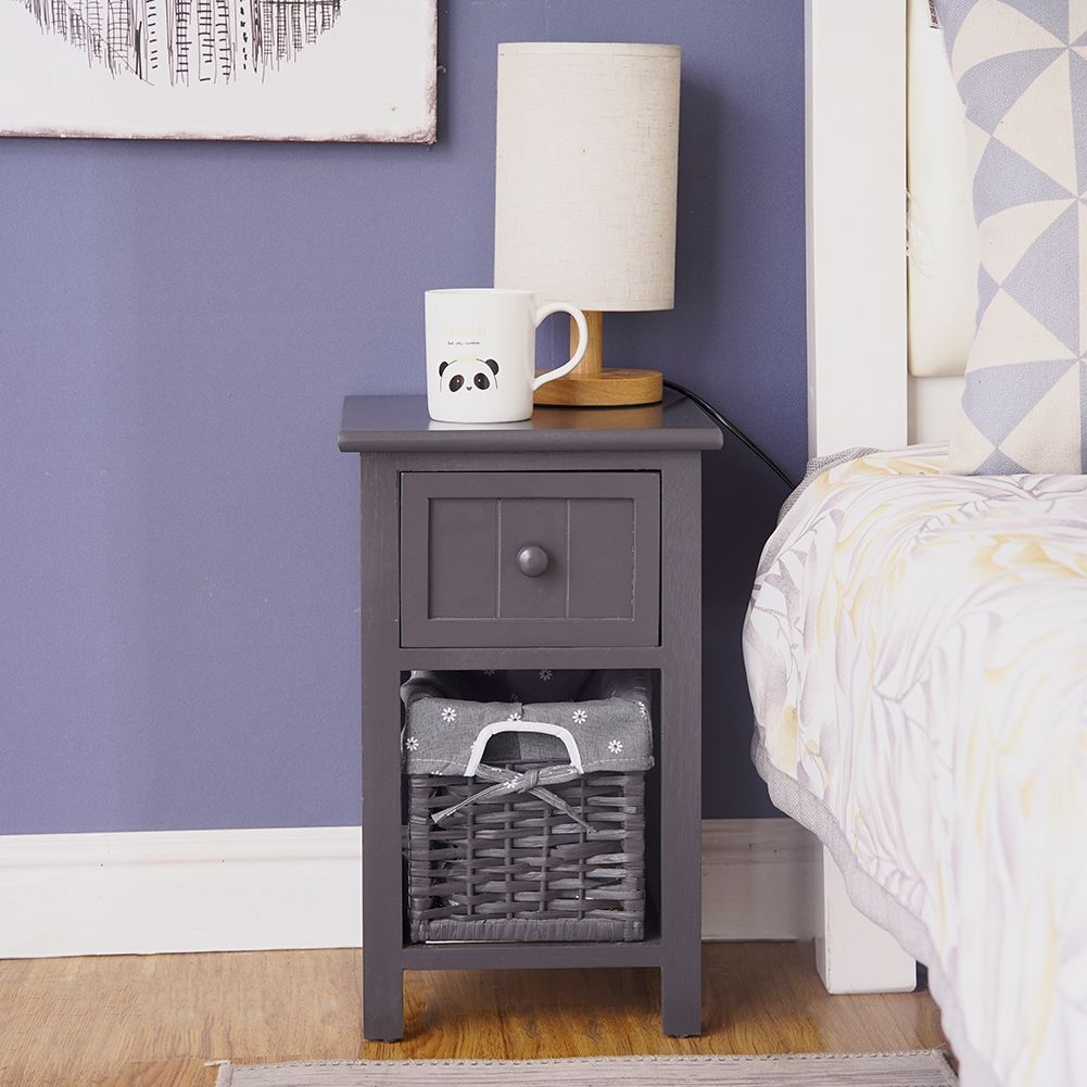 Grey Bedside Table with Wicker Basket — image 5