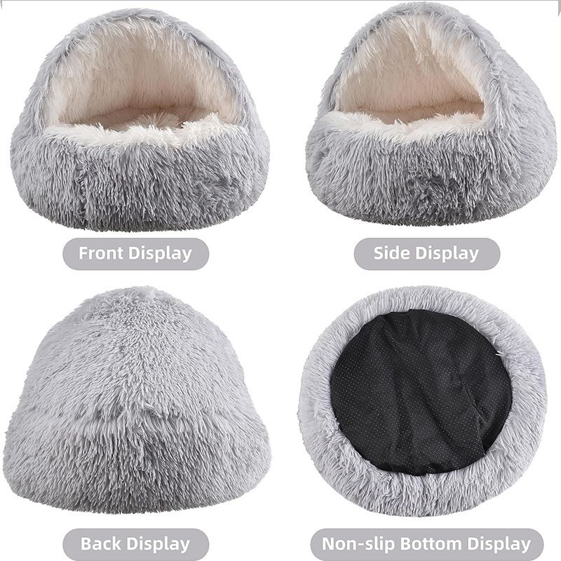 Grey Winter Long Plush Round Donut Cat Bed M Size Dia 40CM - Soft Fluffy Semi-Enclosed Pet Cave Bed with Non-Slip Base, Machine Washable for Cats Dogs Home and — image 4
