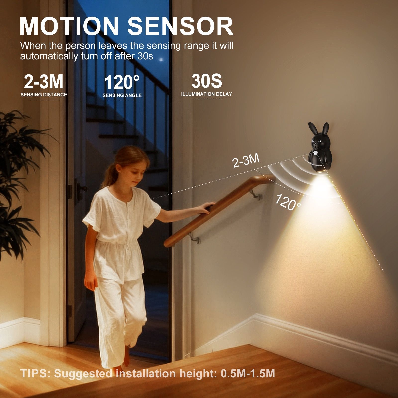 Adorable bunny-shaped motion sensor wall light with magnetic mounting, flicker-free LED, and three color temperatures—perfect for bedrooms, hallways, and — image 4