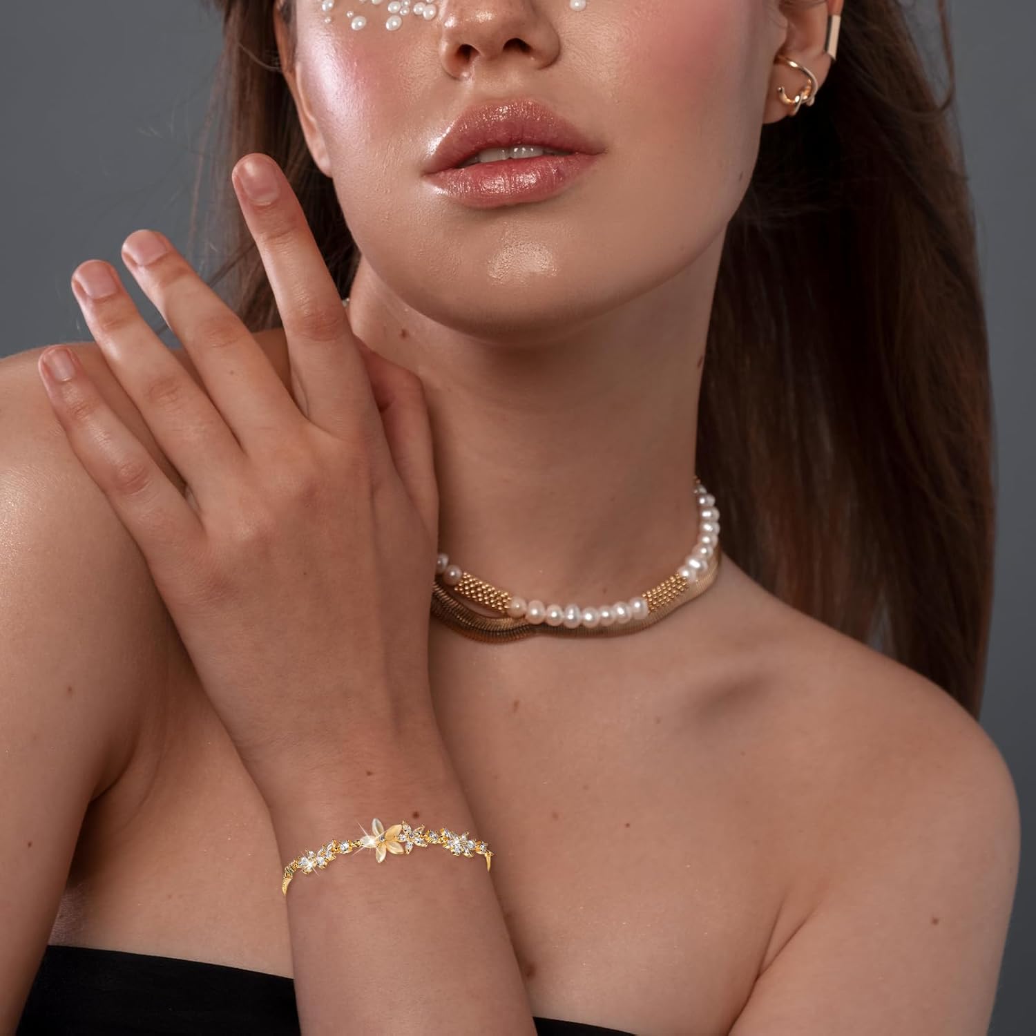 Gold Adjustable Bracelets for Women,Dainty Flower Bracelet Rhinestone Slider Floral Bracelet Floral Jewelry Adjustable Bridesmaid Bracelets Jewelry Gift — image 3