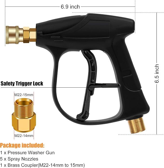 High Pressure Washer Gun 4350PSI, Car Washer Gun with 5 Nozzles and M 22 Brass Coupler for Pressure Power Washers — image 2