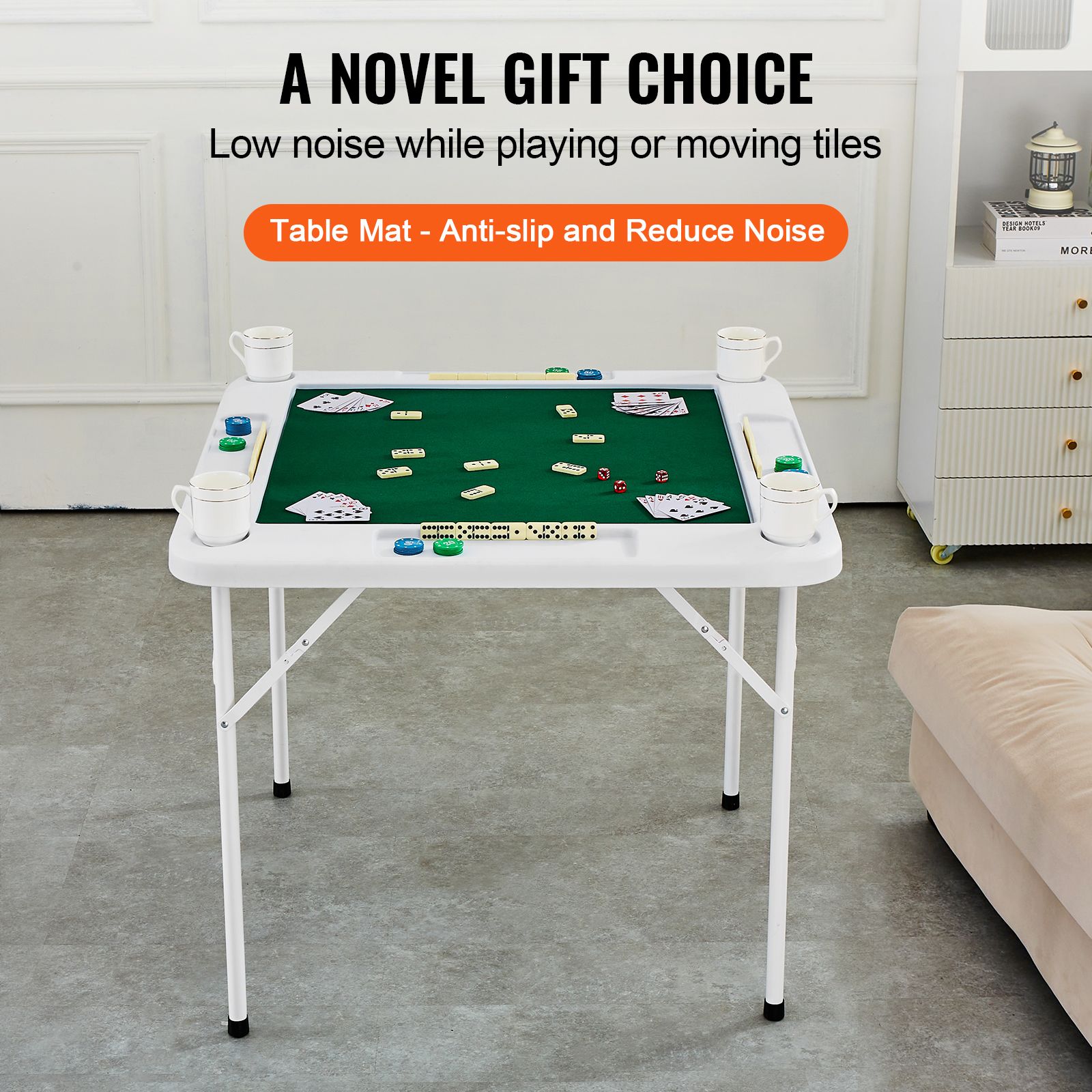 Mahjong Table, 4 Player Folding Domino Table with Wear-Resistant Green Tabletop, Portable Square Card Table with 4 Cup Holders & 4 Chip Trays for Mahjong Poker — image 6