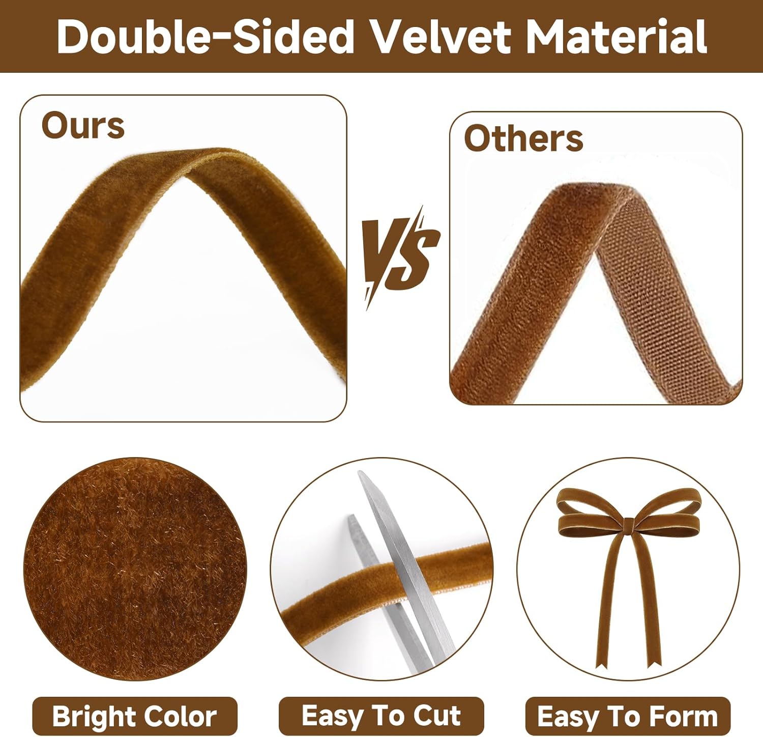 25Yard Velvet Ribbon - 3/8Inch Double Sided Brown Velvet Ribbon Vintage Wreath Christmas Tree Ribbons for Hair Gift Wrapping Bow Making Crafts Flower Bouquet — image 3