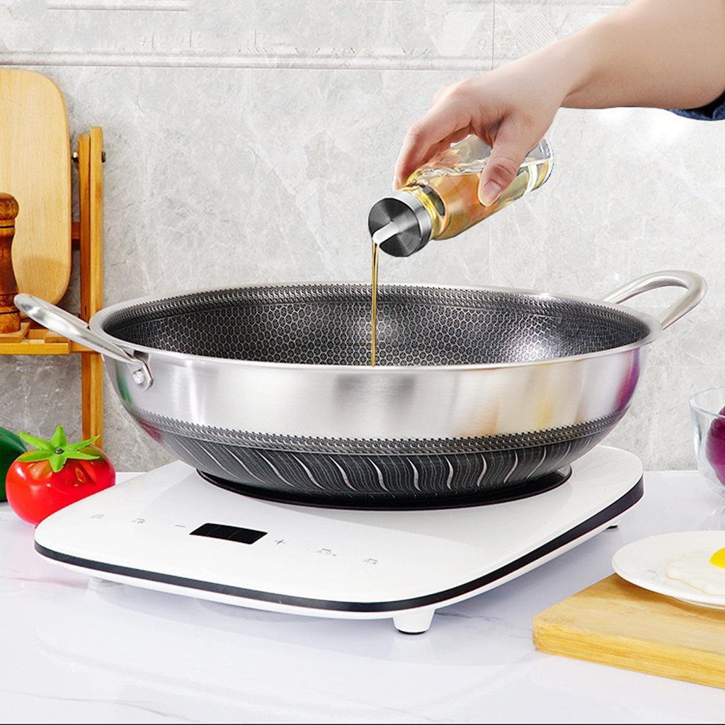 316 Stainless Steel 38cm Double Ear Non-Stick Stir Fry Cooking Kitchen Wok Pan without Lid Honeycomb Double Sided No Lid โ image 3