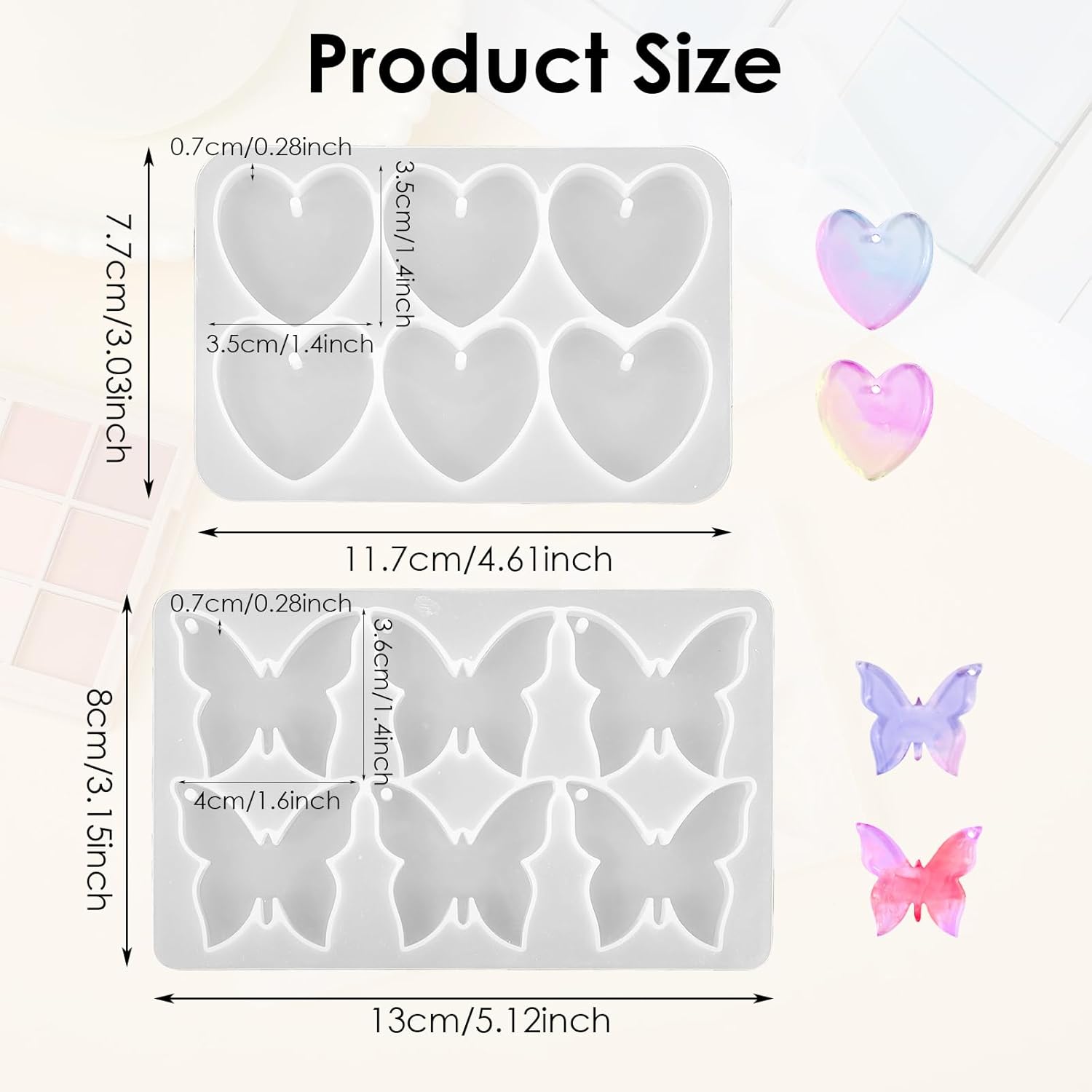 Butterfly Molds Silicone, 2 Pack Fondant Molds 6 Grids Epoxy Resin Mold with Hole Keychain Pendant Mold Heart Shape for DIY Crafts Jewelry Making โ image 2