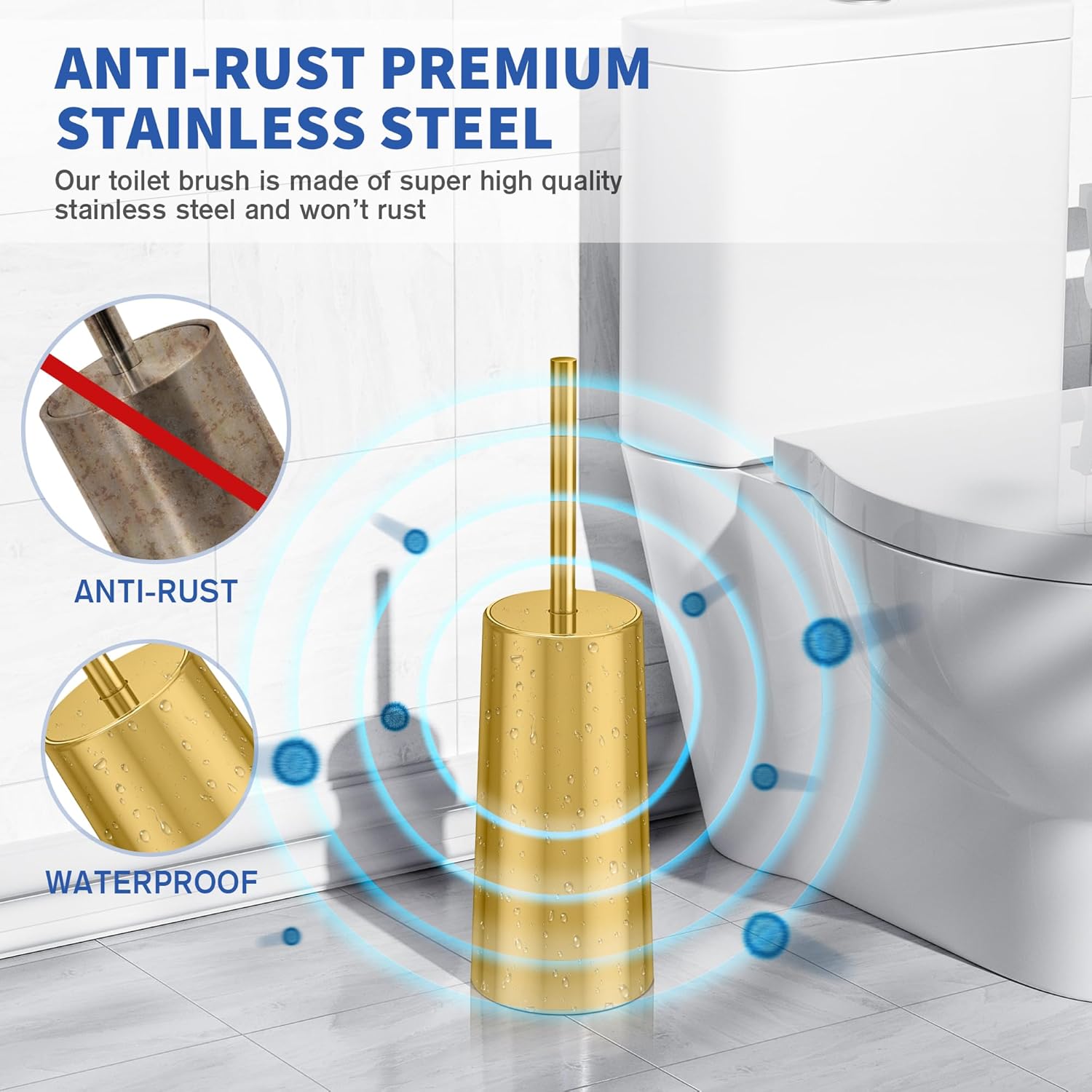 Toilet Brush and Holder, Toilet Brush Stainless Steel, Toilet Bowl Brush for Bathroom Toilet-Ergonomic, Elegant,Durable (Gold) — image 2
