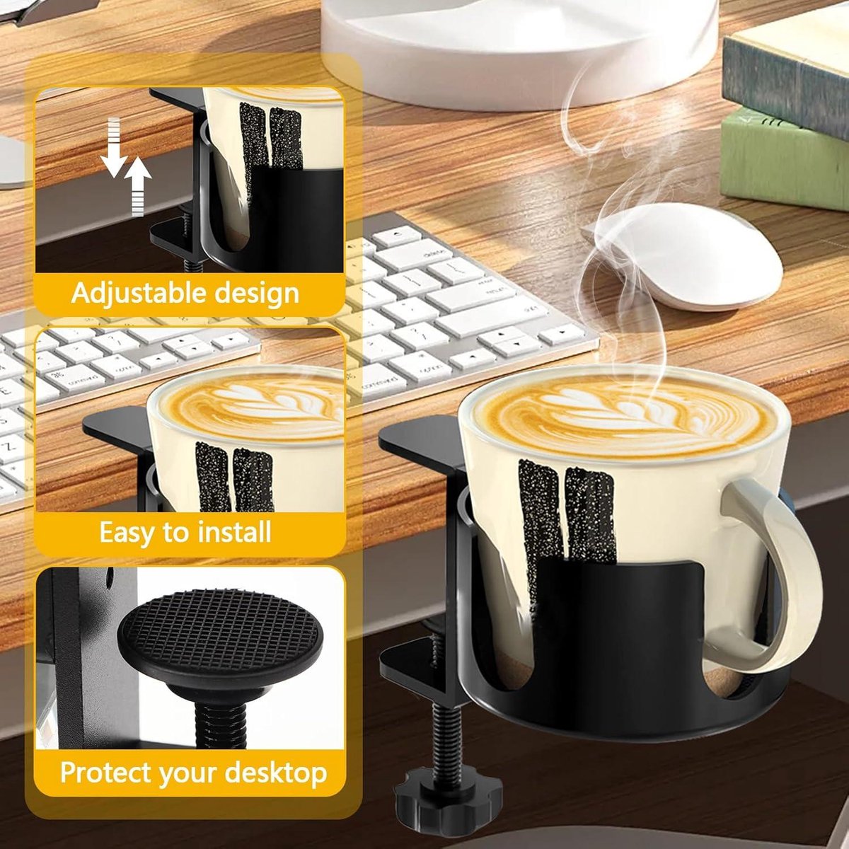 Adjustable and portable tabletop cup holder with clip - universal holder for bottles, coffee cups and water cups - 95 cm diameter, max. capacity 5 kg — image 2
