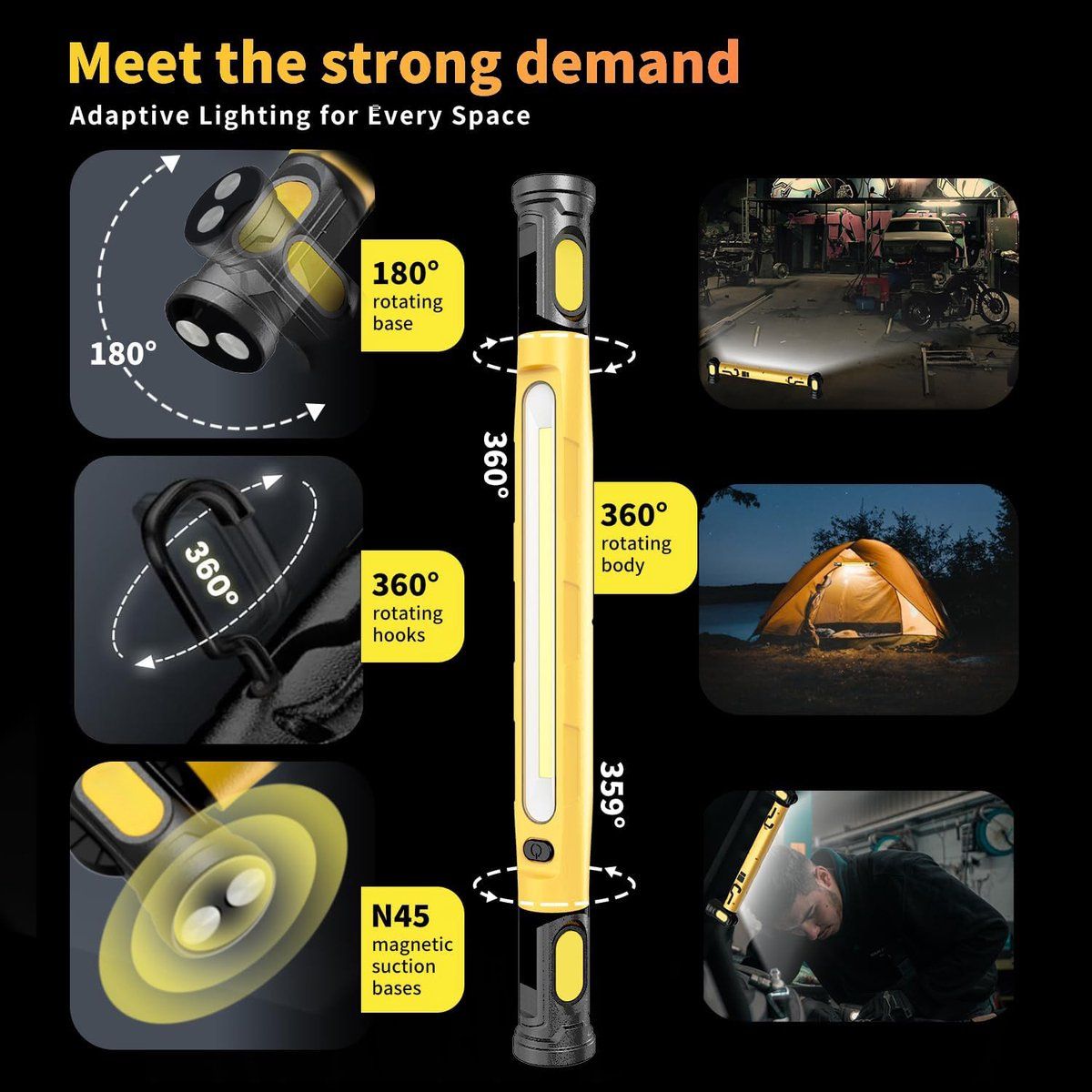 Rechargeable LED Work Light With Magnetic Base 360 Adjustable 6000mAh USB Output For Car Repair Garage Camping Green, 3000 lm, 51 cm โ image 2