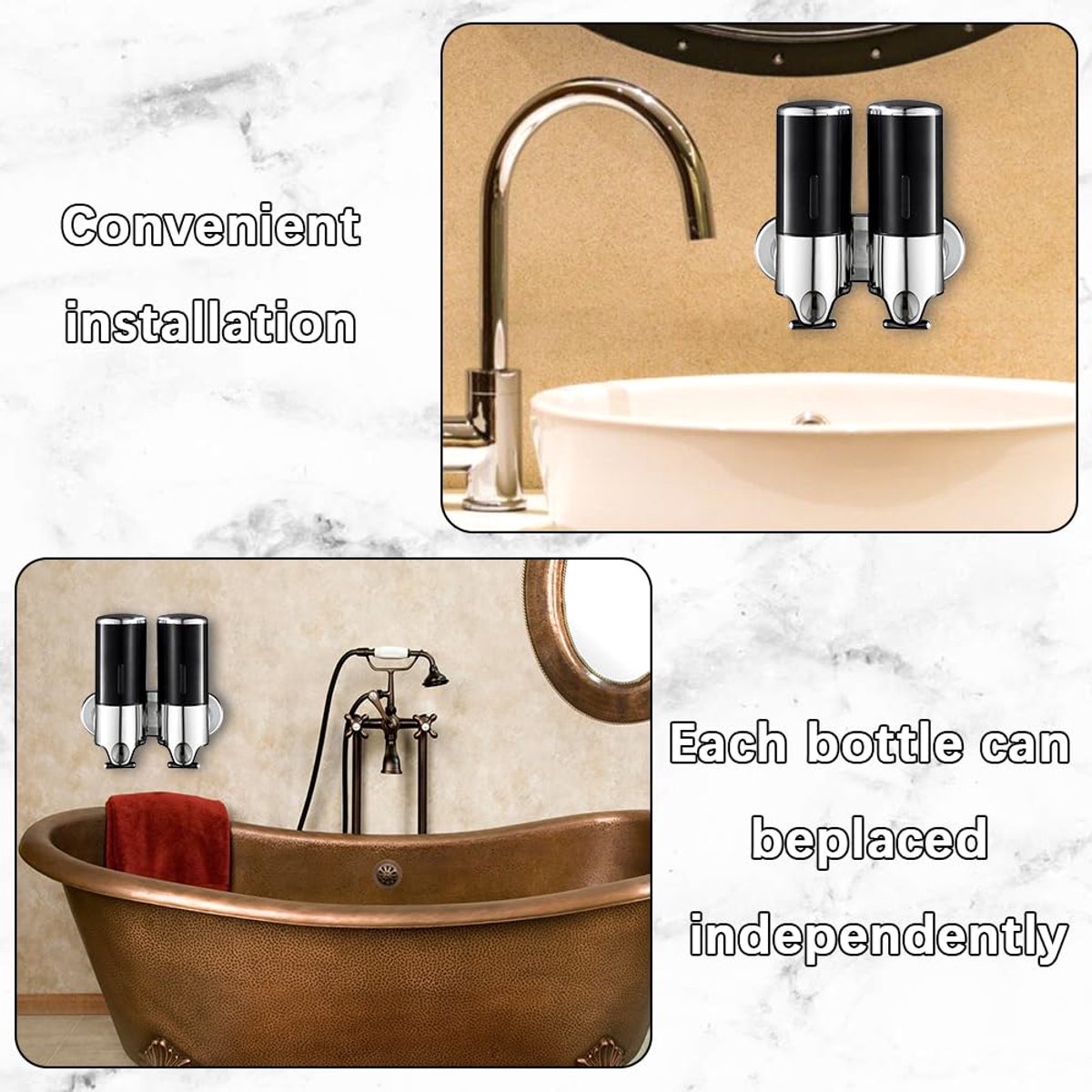 Soap Dispenser - 2 in 1 Liquid Dispenser - 2 × 500 ml - Wall Mounted Soap Dispenser - Kitchen - Bathroom - Shower - 24.1 × 21.6 × 10 cm - Black — image 6